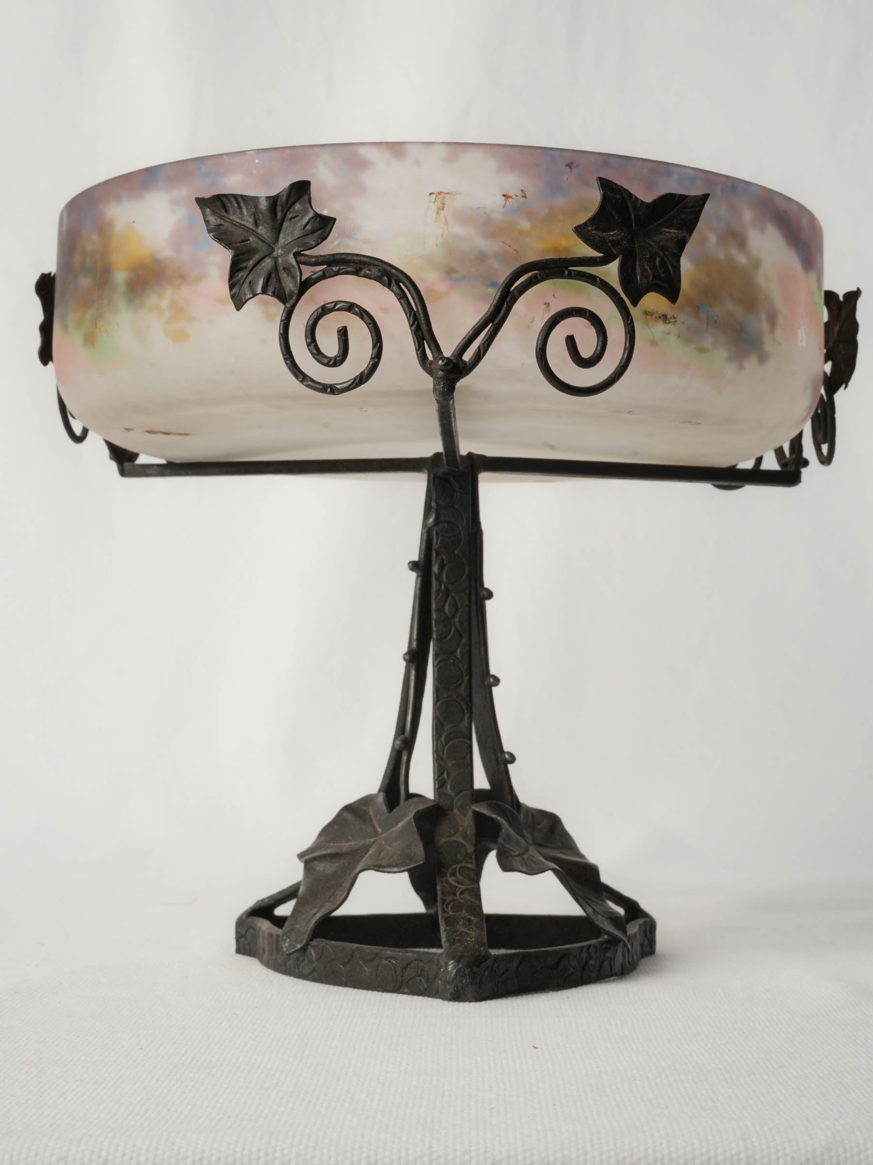 French Frosted Art Glass Coupe on Wrought Iron Stand, Circa 1920 - 9½"
