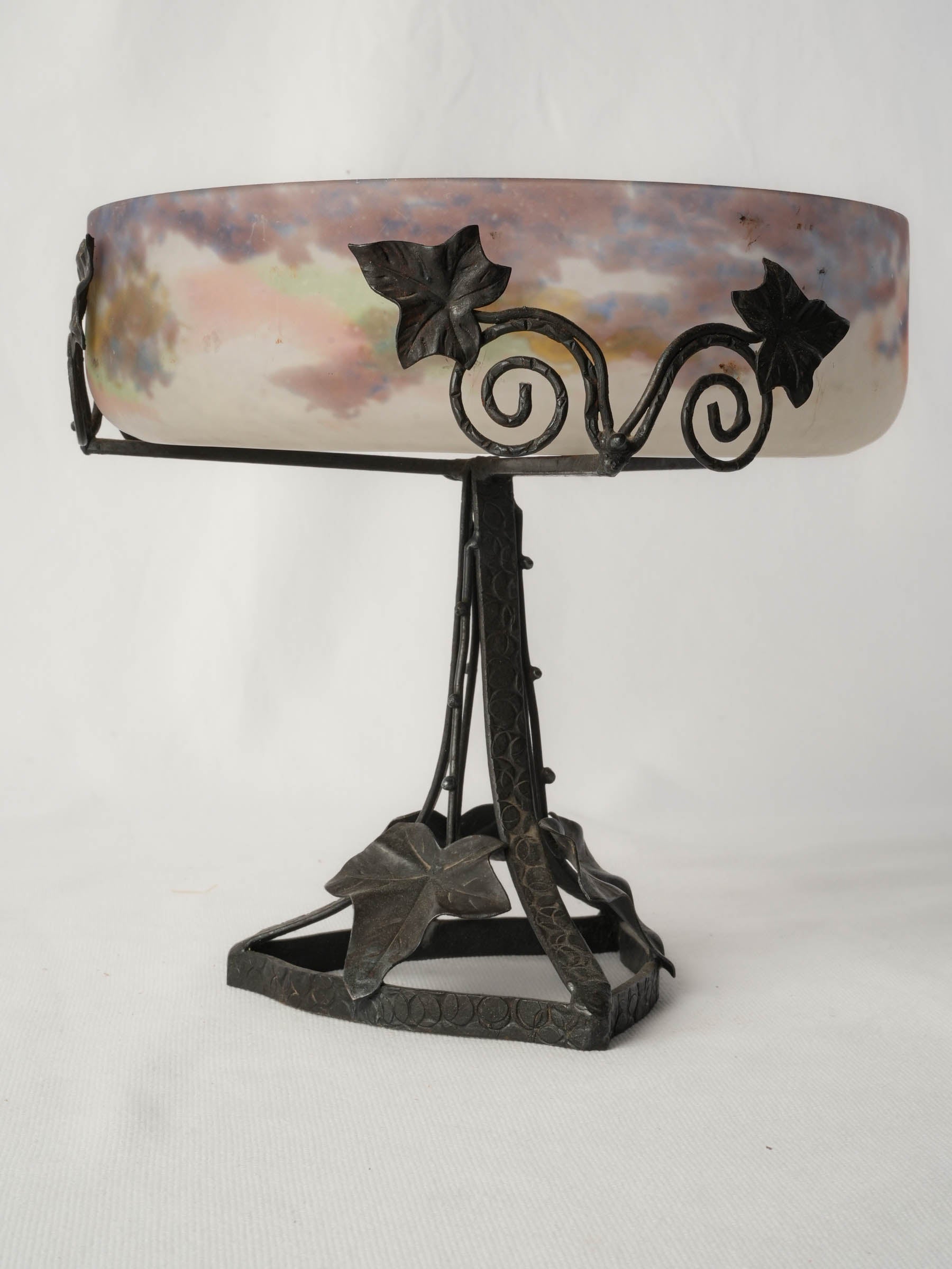 French Frosted Art Glass Coupe on Wrought Iron Stand, Circa 1920 - 9½"
