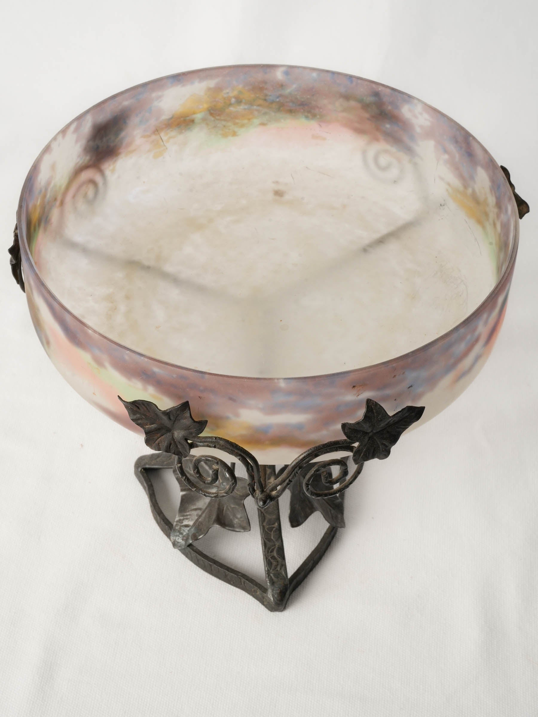 French Frosted Art Glass Coupe on Wrought Iron Stand, Circa 1920 - 9½"