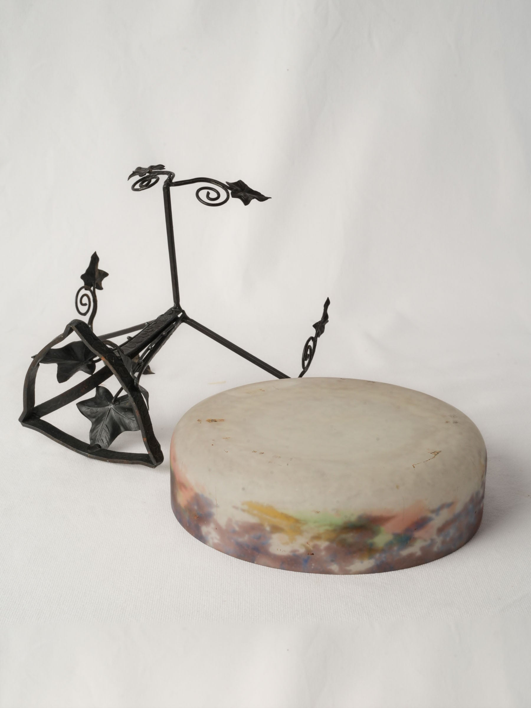 French Frosted Art Glass Coupe on Wrought Iron Stand, Circa 1920 - 9½"