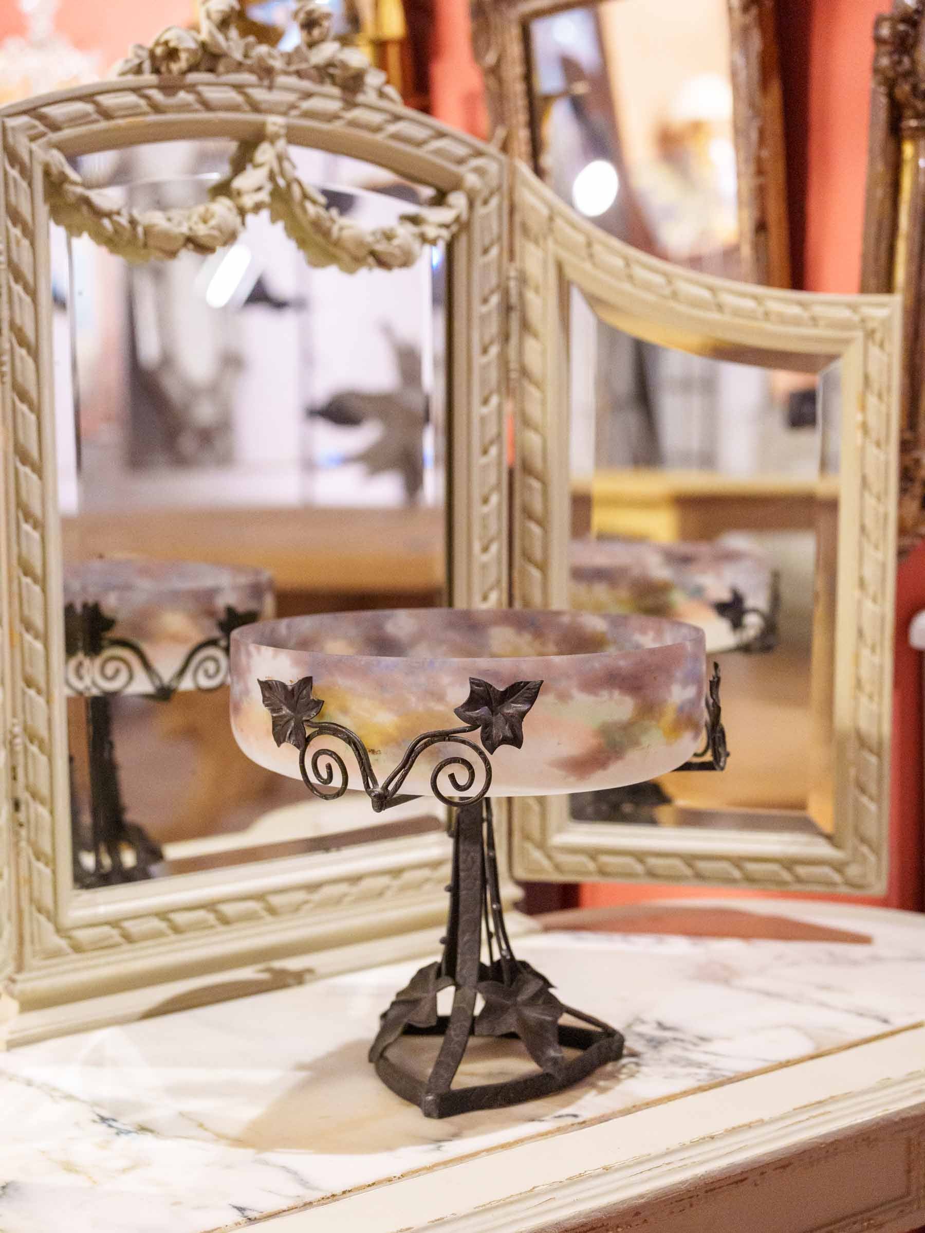 French Frosted Art Glass Coupe on Wrought Iron Stand, Circa 1920 - 9½"