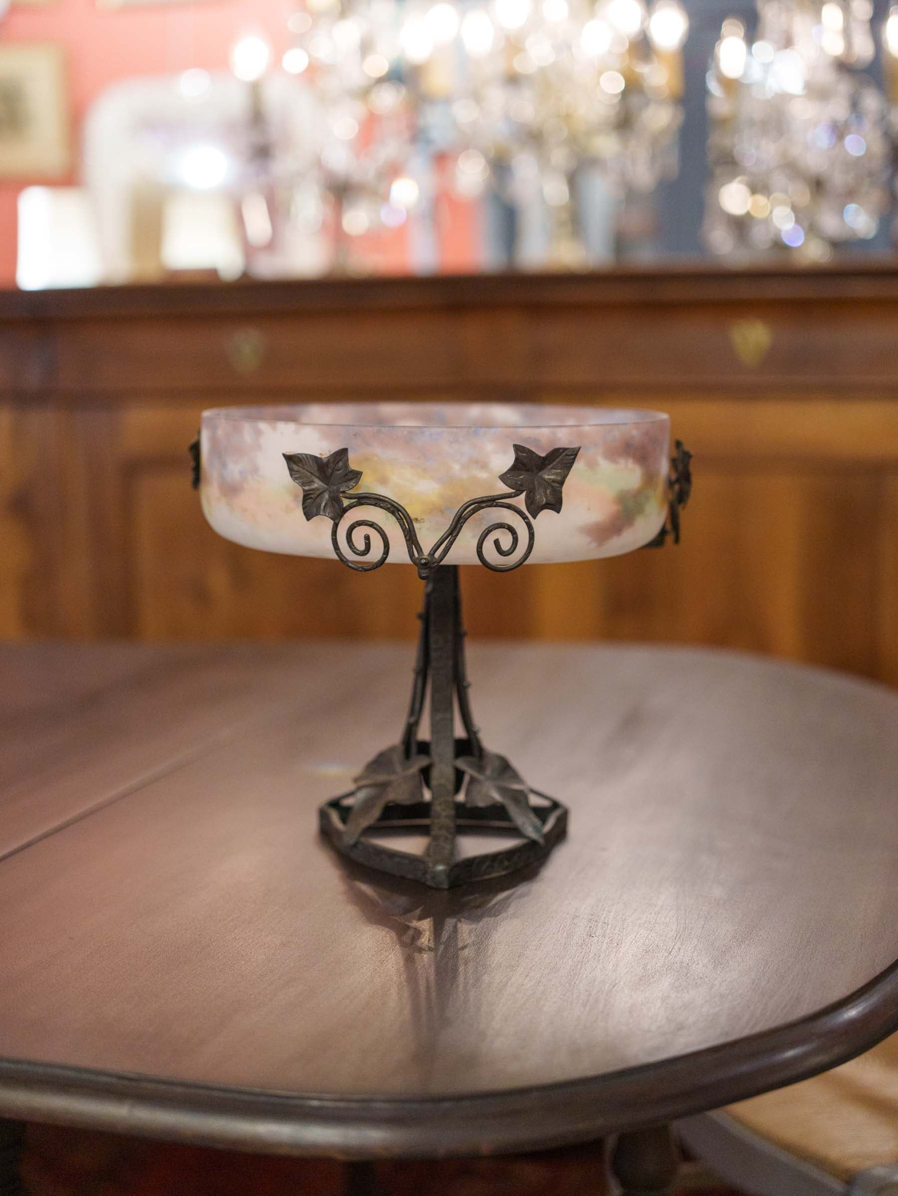 French Frosted Art Glass Coupe on Wrought Iron Stand, Circa 1920 - 9½"