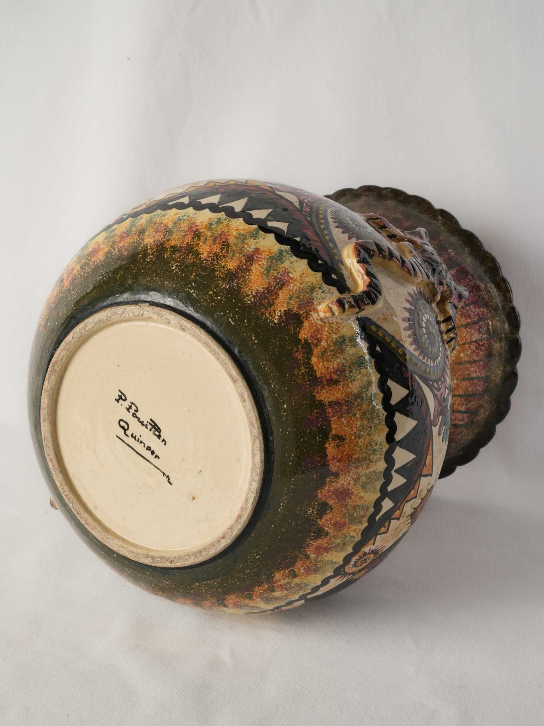 Hand-Painted Quimper Faience Vase by Paul Fouillen, Mid-20th Century - 12¼"