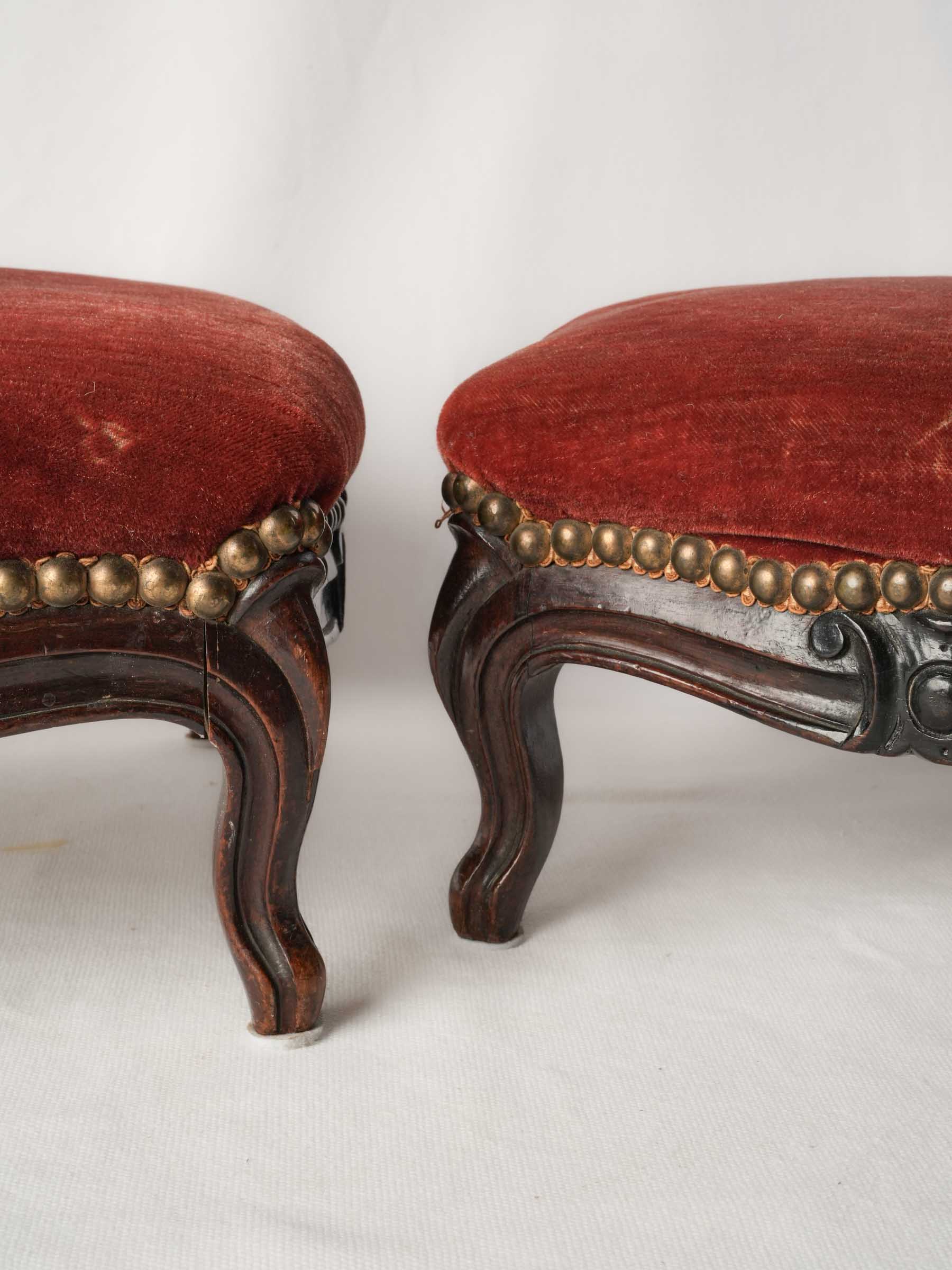 Pair of French Louis XV Style Footstools in Faded Red Velvet, Late 19th Century