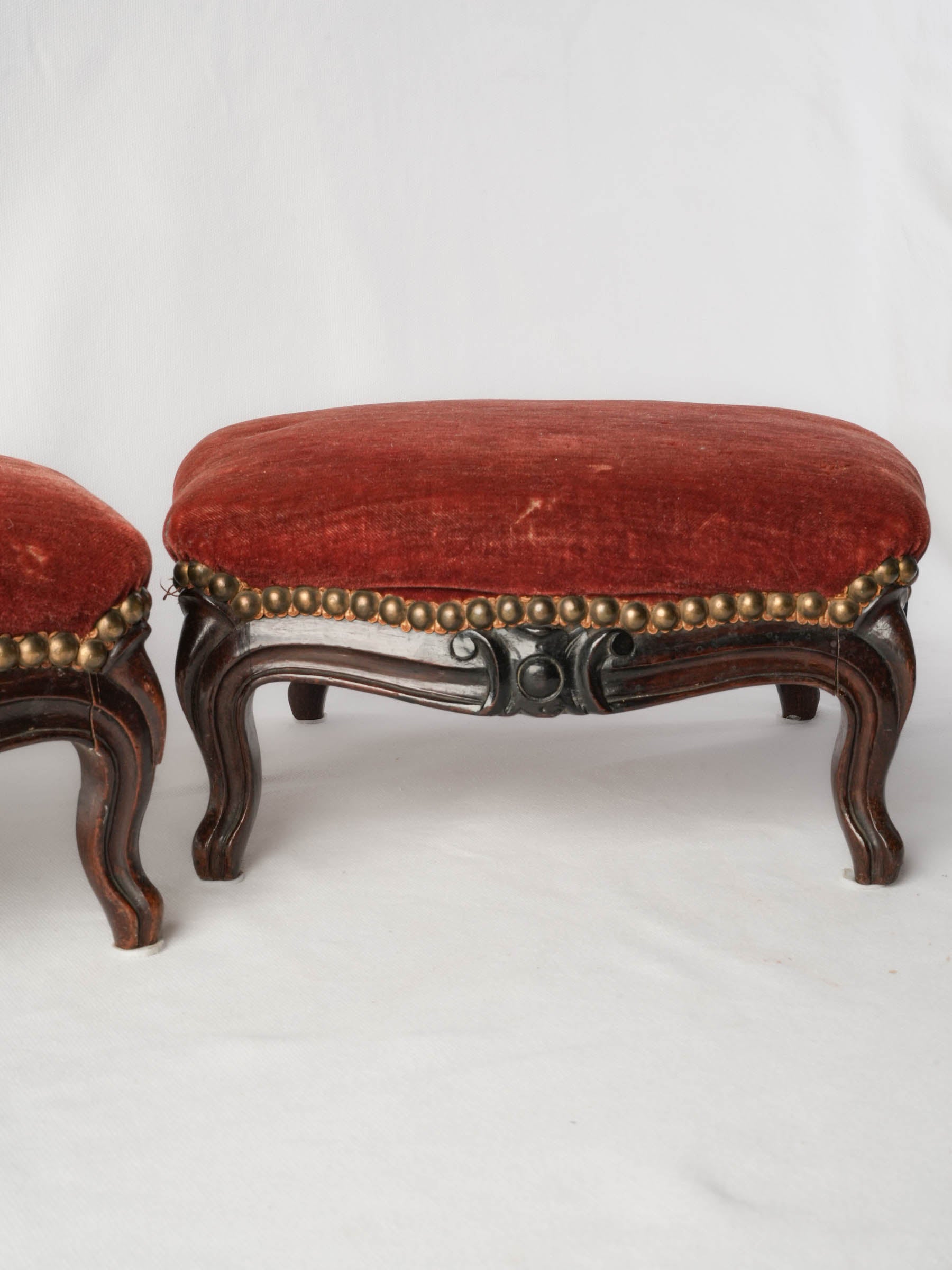 Pair of French Louis XV Style Footstools in Faded Red Velvet, Late 19th Century