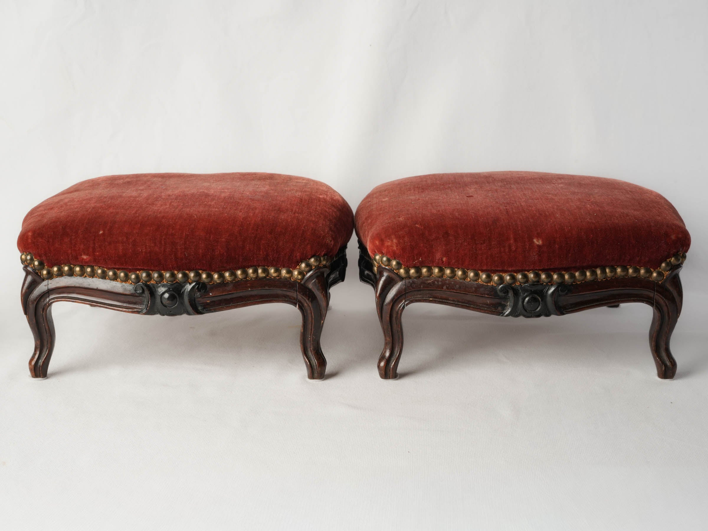 Pair of French Louis XV Style Footstools in Faded Red Velvet, Late 19th Century
