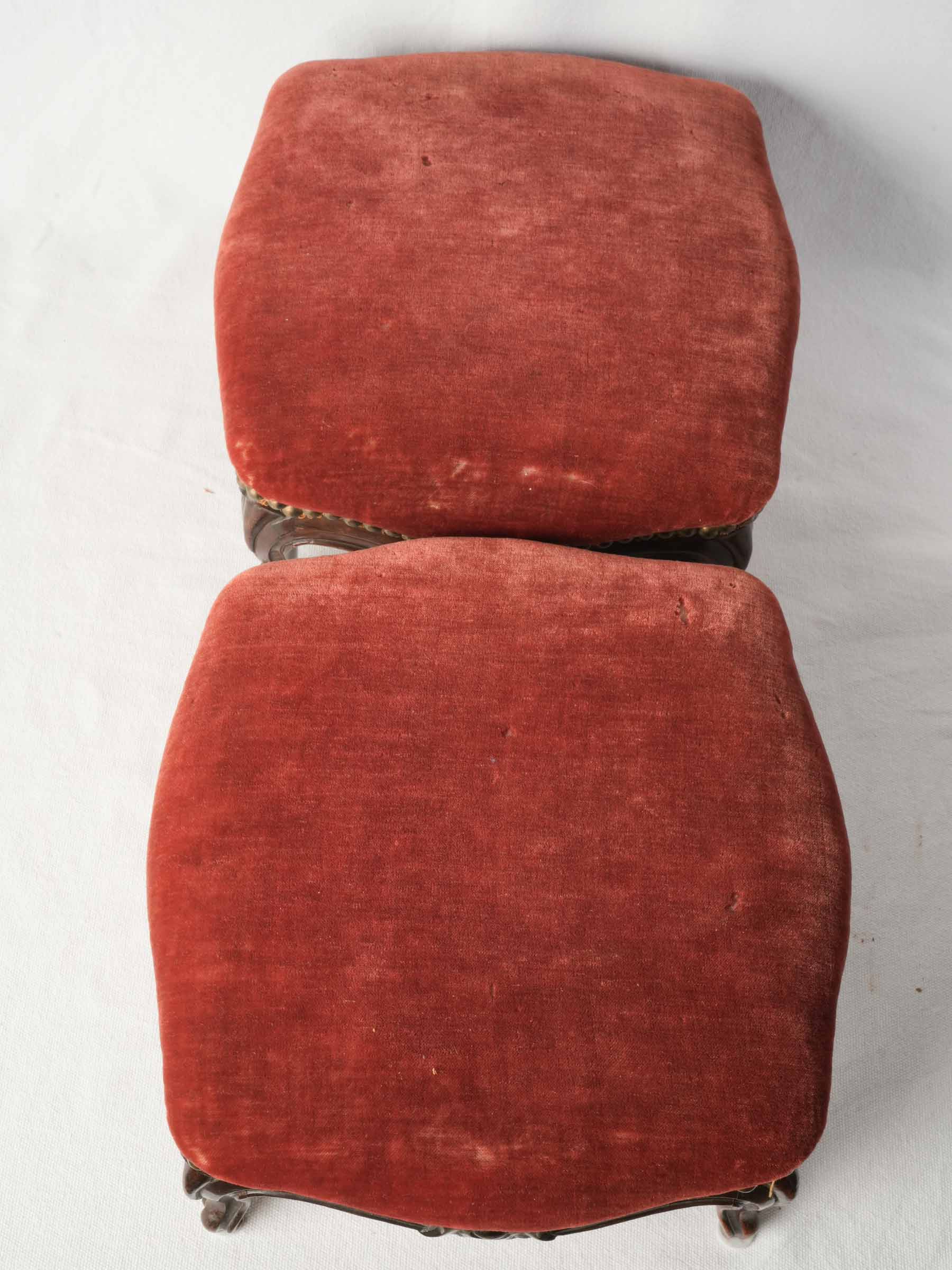 Pair of French Louis XV Style Footstools in Faded Red Velvet, Late 19th Century