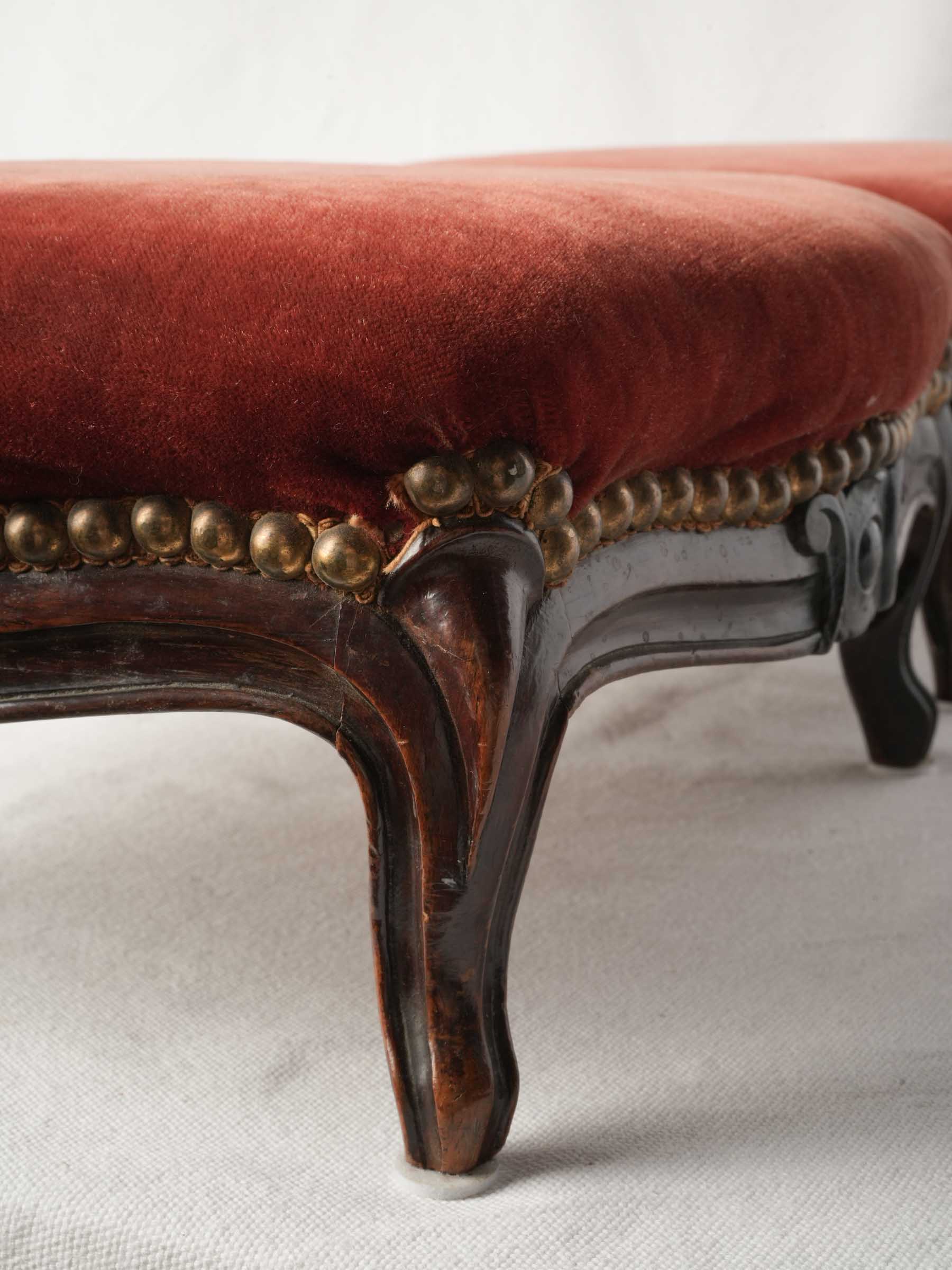 Pair of French Louis XV Style Footstools in Faded Red Velvet, Late 19th Century