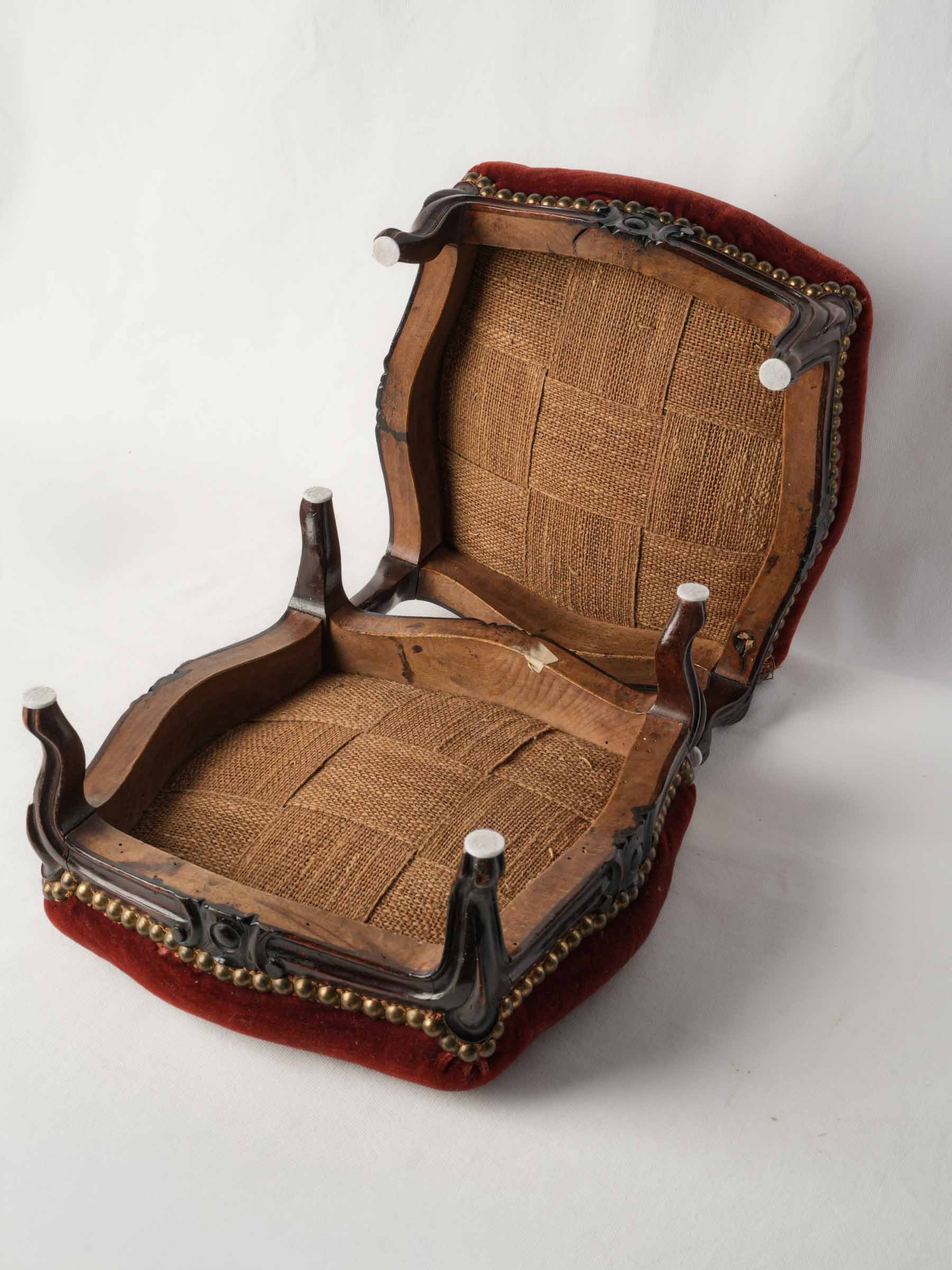 Pair of French Louis XV Style Footstools in Faded Red Velvet, Late 19th Century