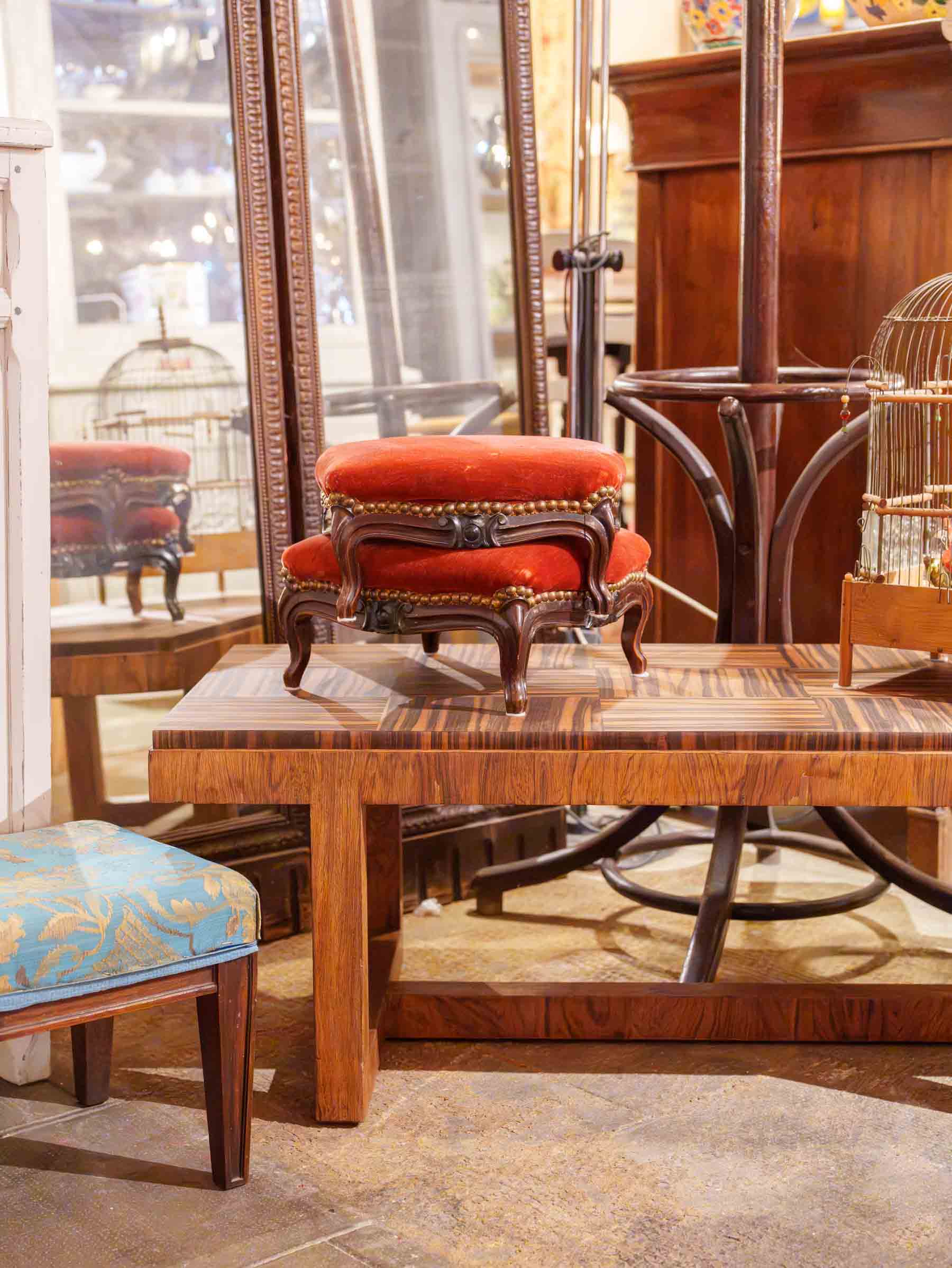 Pair of French Louis XV Style Footstools in Faded Red Velvet, Late 19th Century