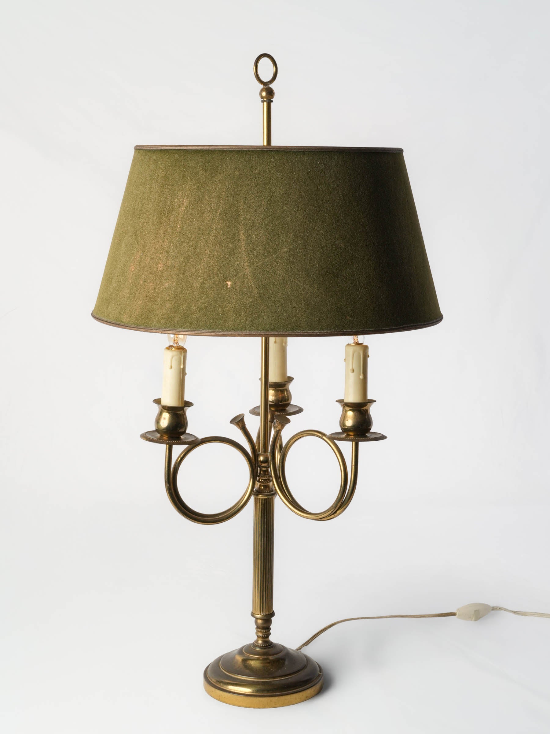 French Brass Three-Light Table Lamp w/ Hunting Horn Arms, C. 1950 - 29½"
