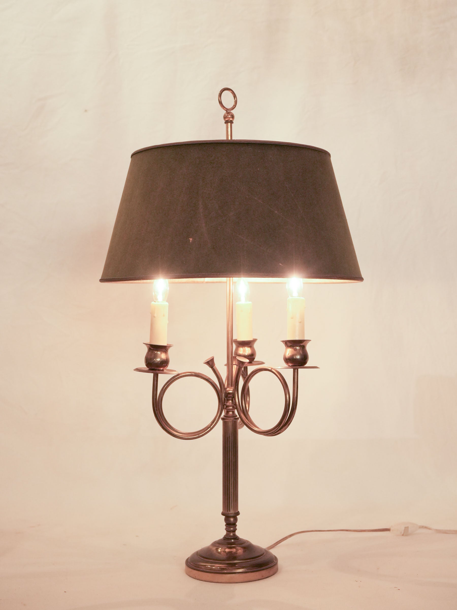 French Brass Three-Light Table Lamp w/ Hunting Horn Arms, C. 1950 - 29½"