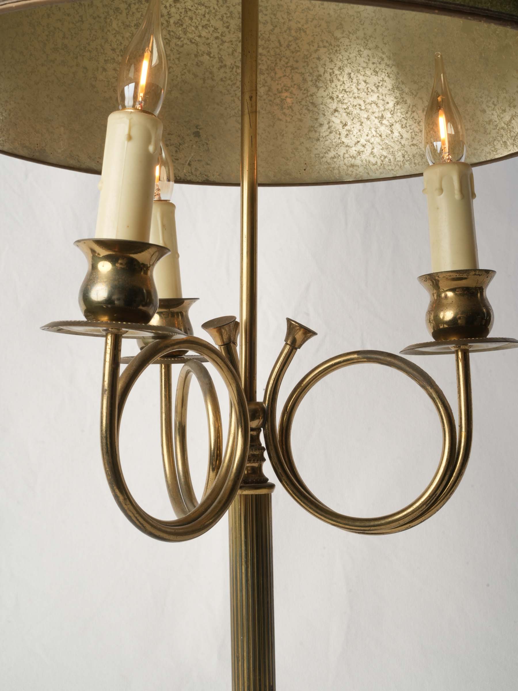 French Brass Three-Light Table Lamp w/ Hunting Horn Arms, C. 1950 - 29½"