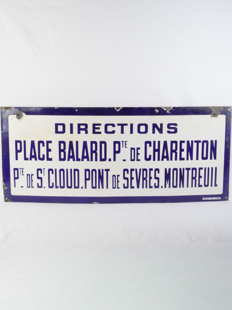 Large 1930s Paris Métro Enamel Direction Sign -19¾" x 47¼"