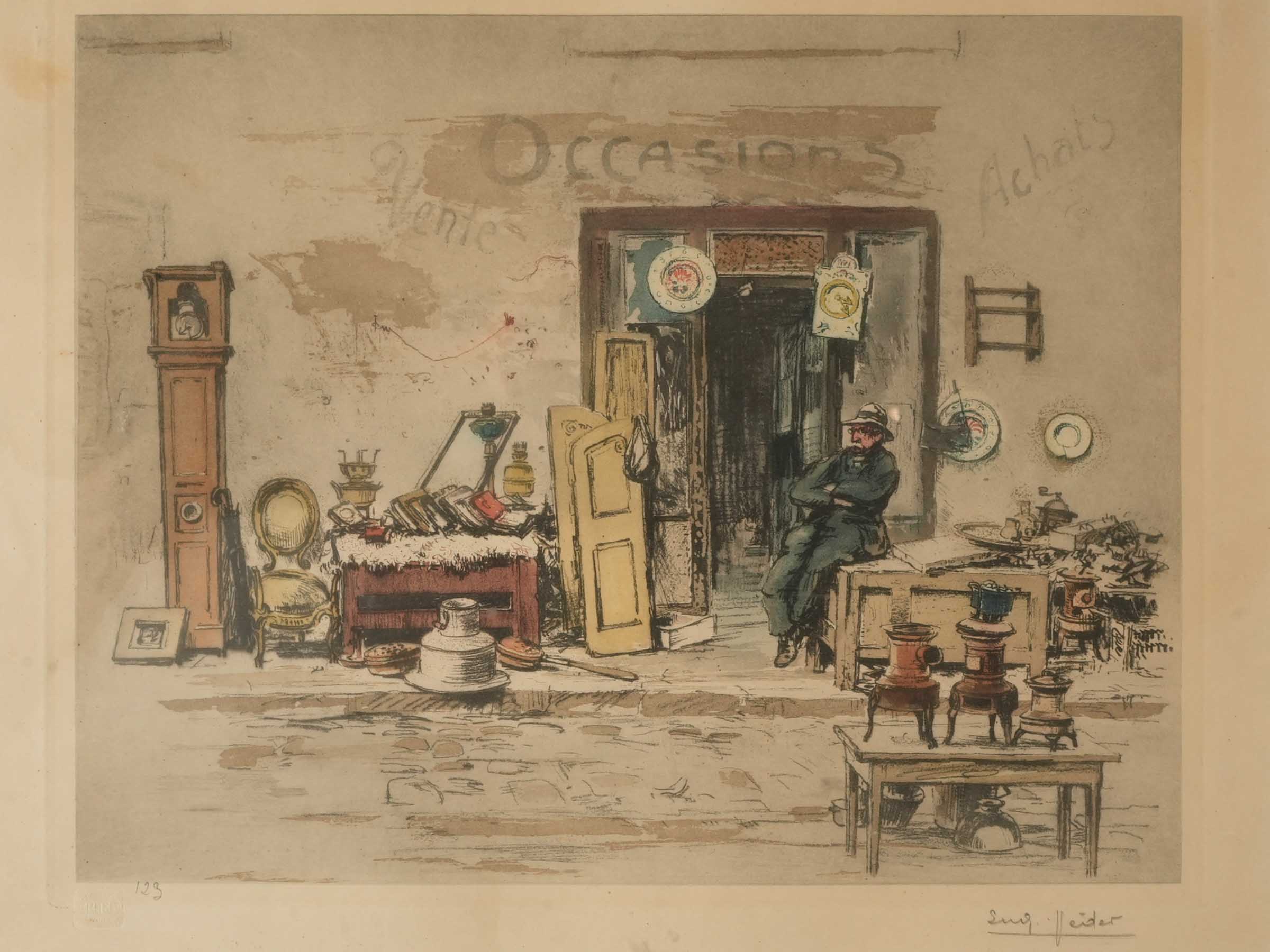Whimsical French Hand-Colored Lithograph "Le Brocanteur," Signed and Numbered, Early 20th Century - 16½" x  20½"