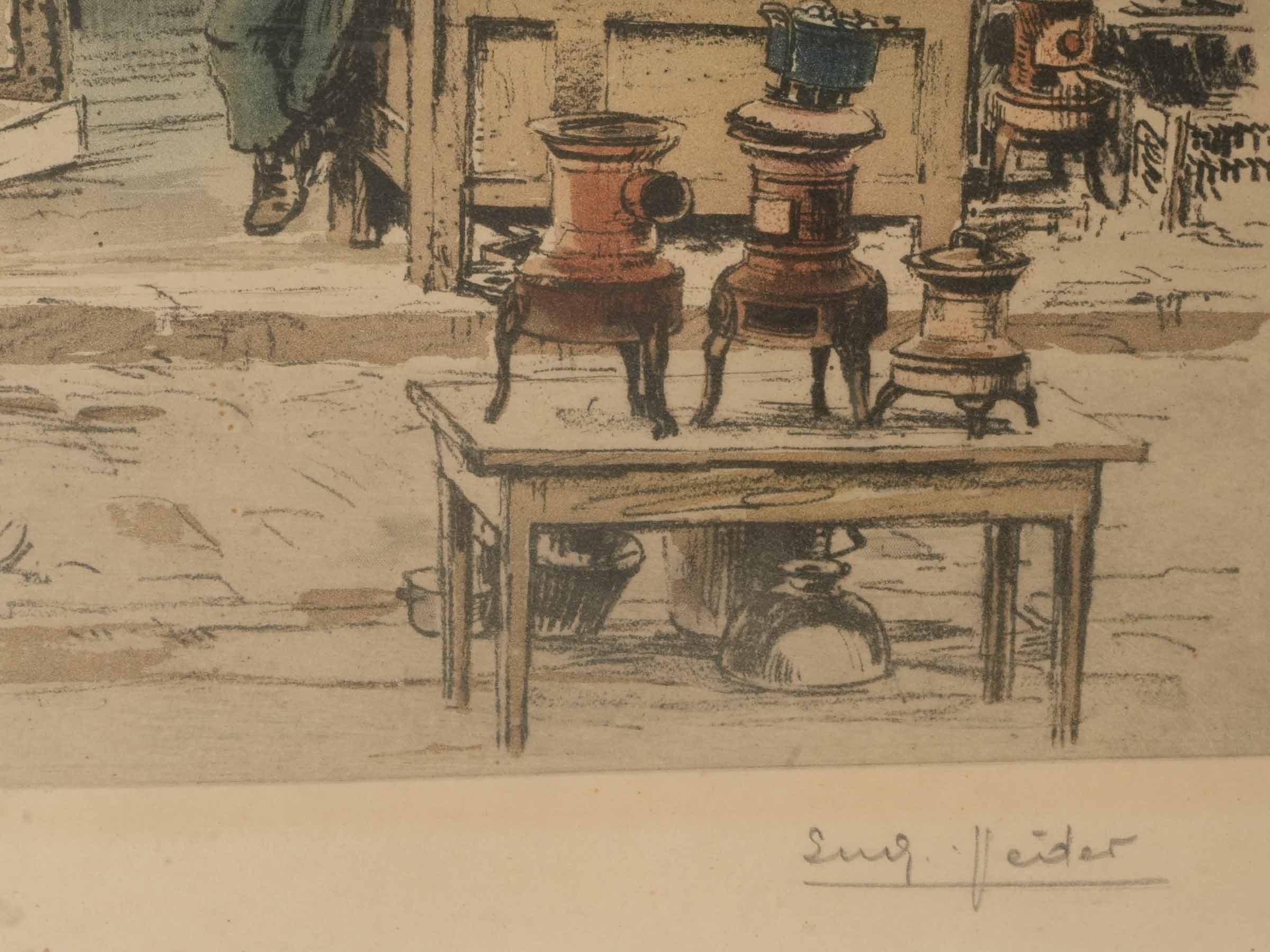 Whimsical French Hand-Colored Lithograph "Le Brocanteur," Signed and Numbered, Early 20th Century - 16½" x  20½"