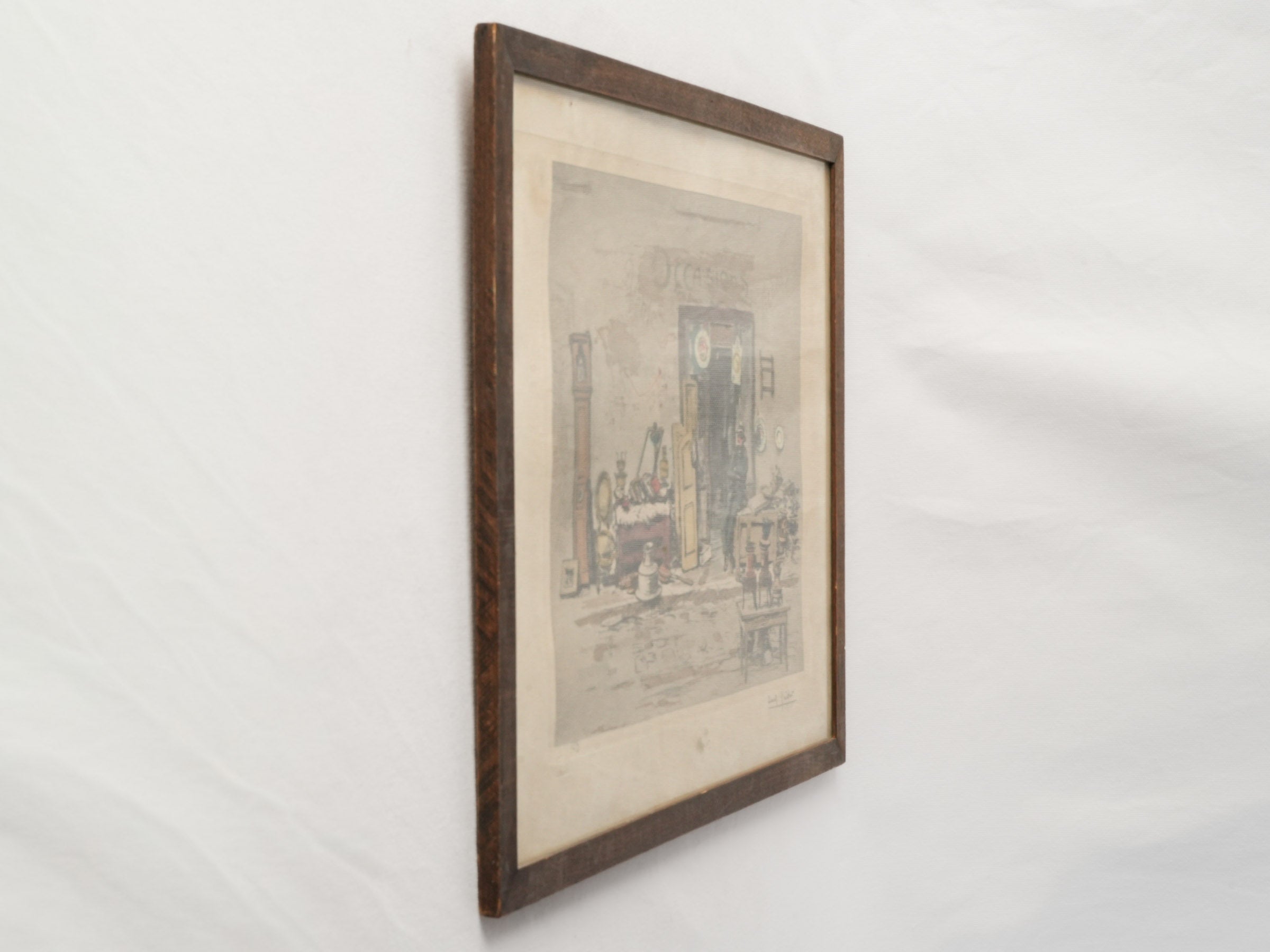Whimsical French Hand-Colored Lithograph "Le Brocanteur," Signed and Numbered, Early 20th Century - 16½" x  20½"