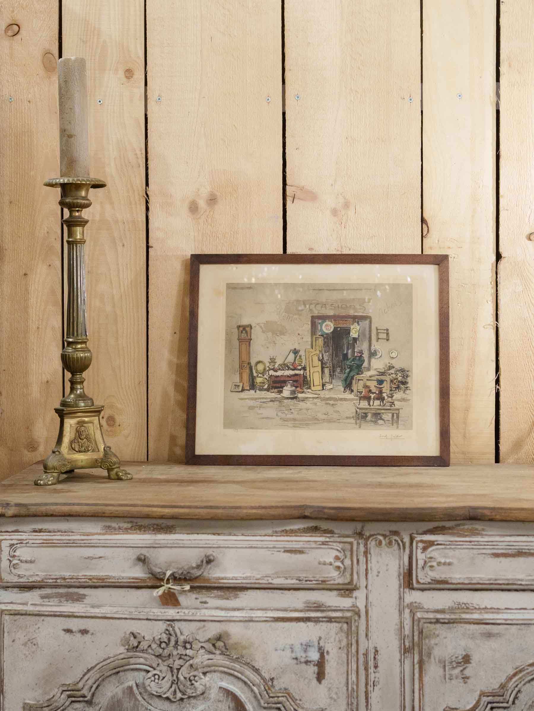 Whimsical French Hand-Colored Lithograph "Le Brocanteur," Signed and Numbered, Early 20th Century - 16½" x  20½"