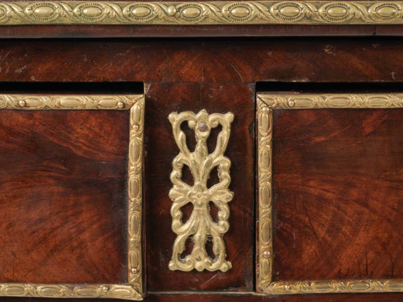 Refined, bronzed, neoclassical, 2-drawer mahogany desk