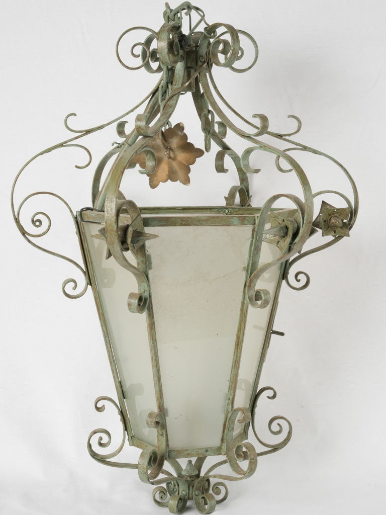 Large antique French lantern w/ green patina 30¼"