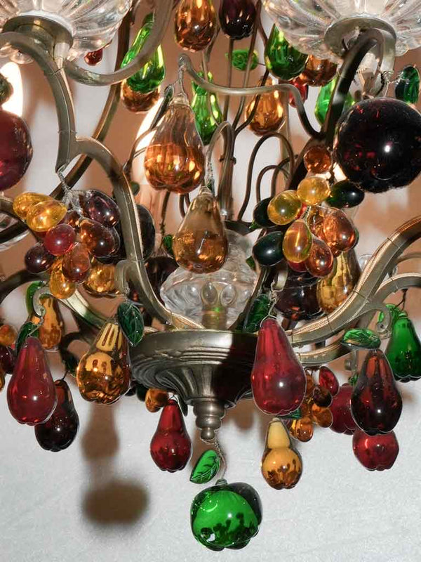 Antique French 8-light chandelier w/ colorful glass fruit motifs
