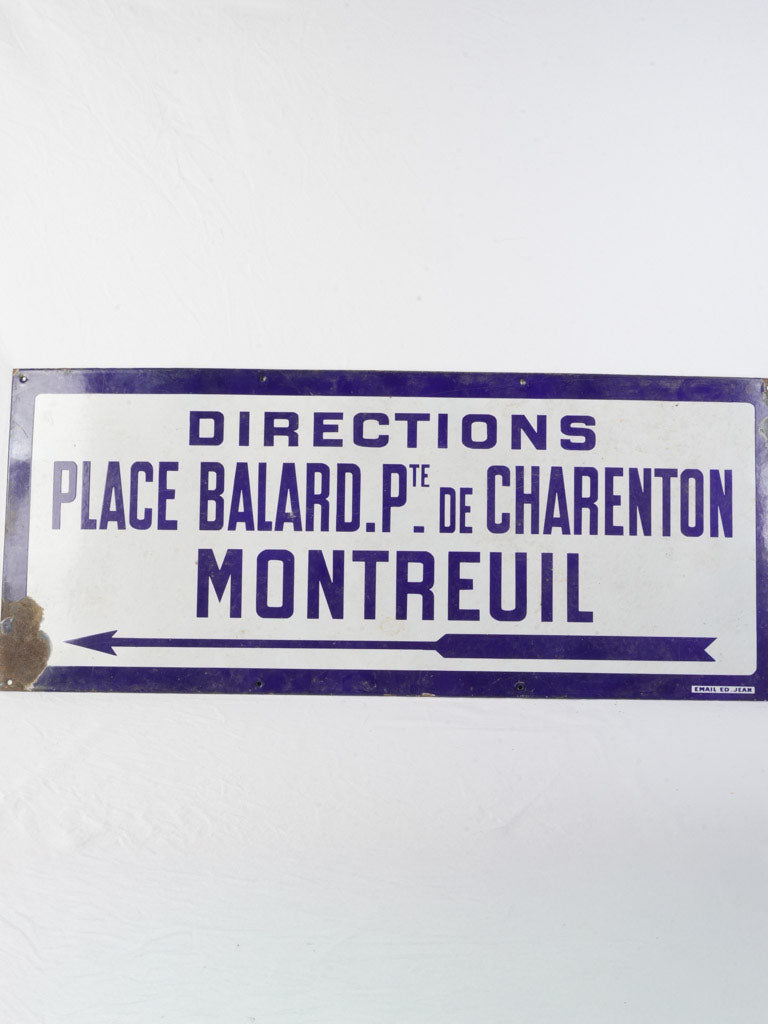 Art Deco Paris Metro Enameled Steel Directional Sign 1930s - 19¾" x 47¼"