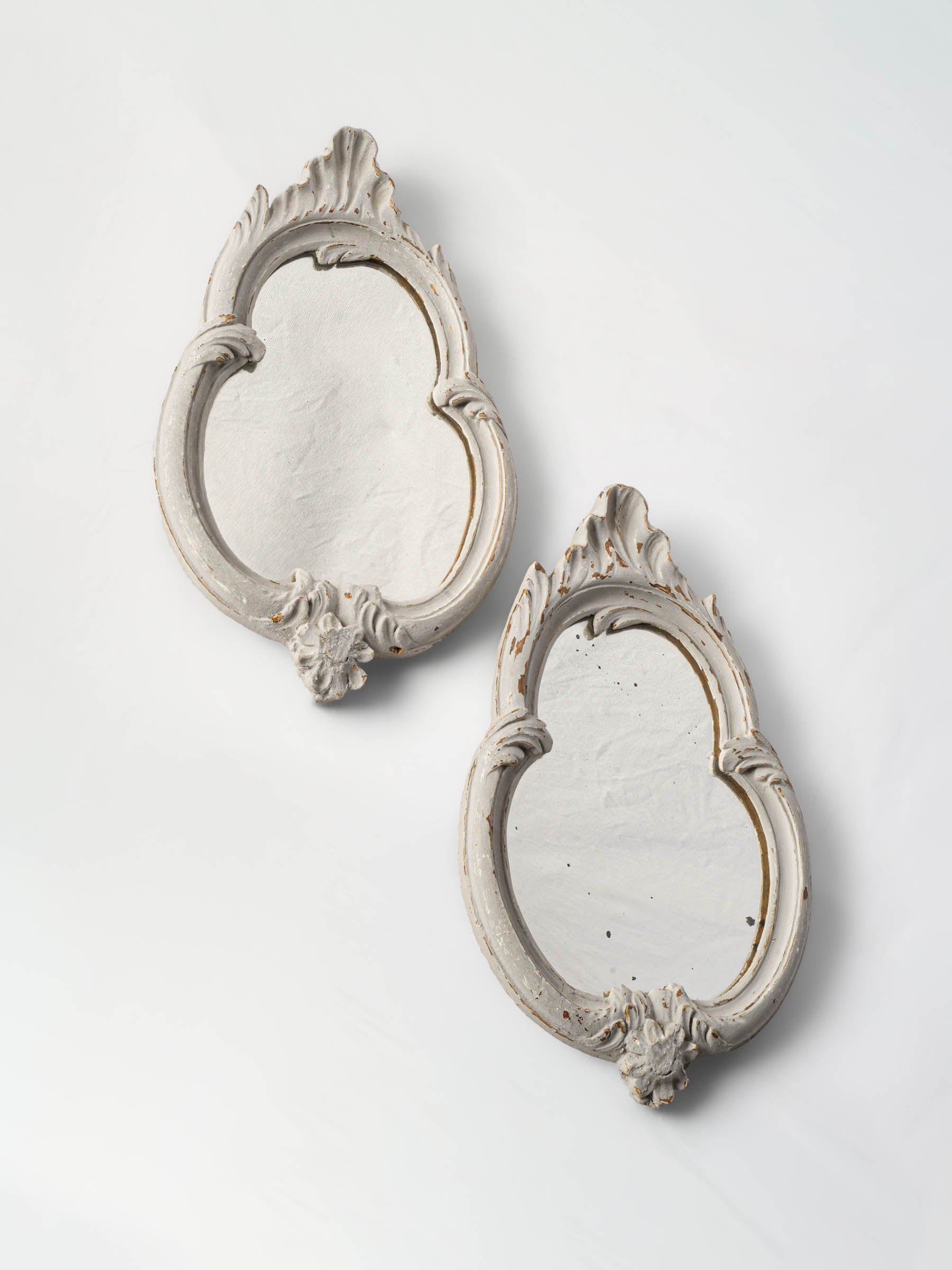 Pair of Petite French Rococo-Style Mirrors w/ Soft Patinated Finish, Late 19th Century - 15" x 9"