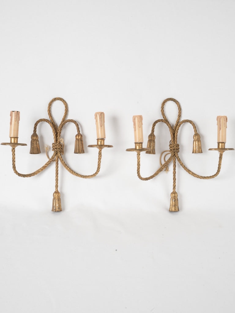Pair of French antique woven rope gilded wall sconces 15¼