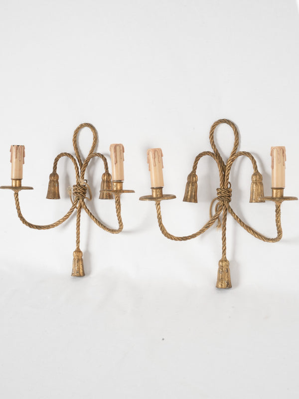 Pair of French antique woven rope gilded wall sconces 15¼"