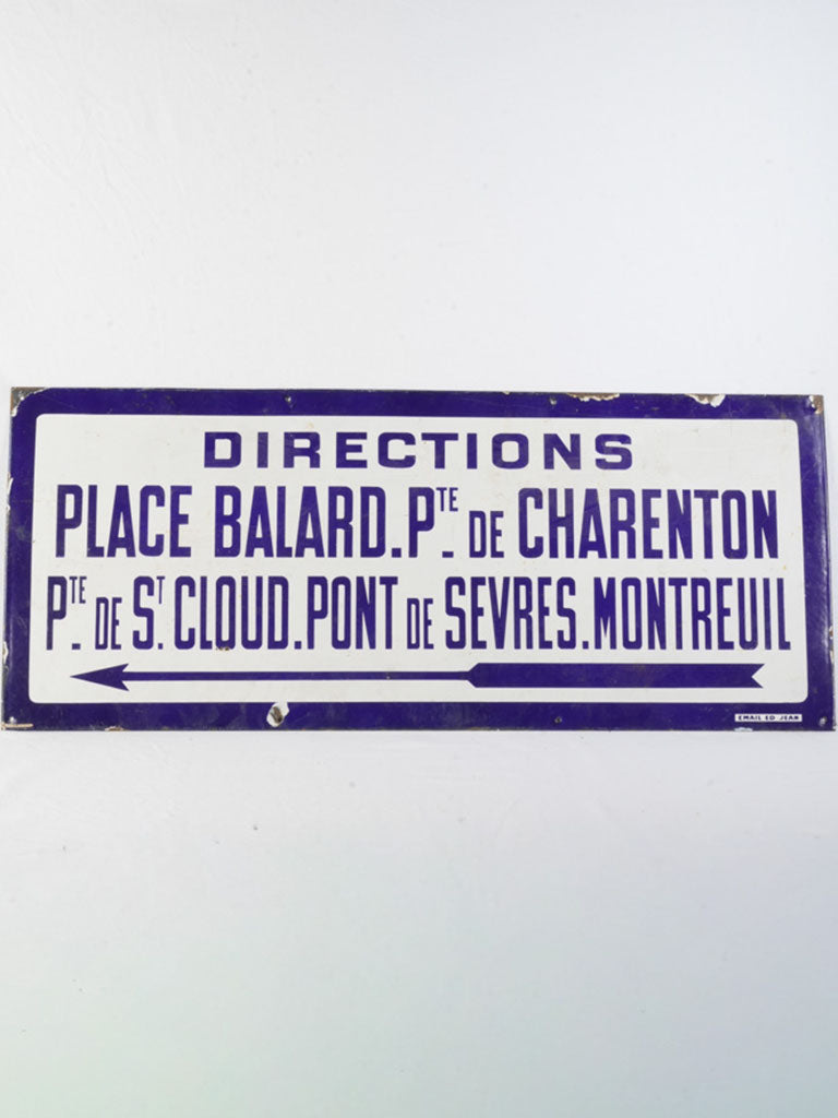 1930s  Paris Métro Direction Sign in Enameled Steel - 19¾" x 47¼"
