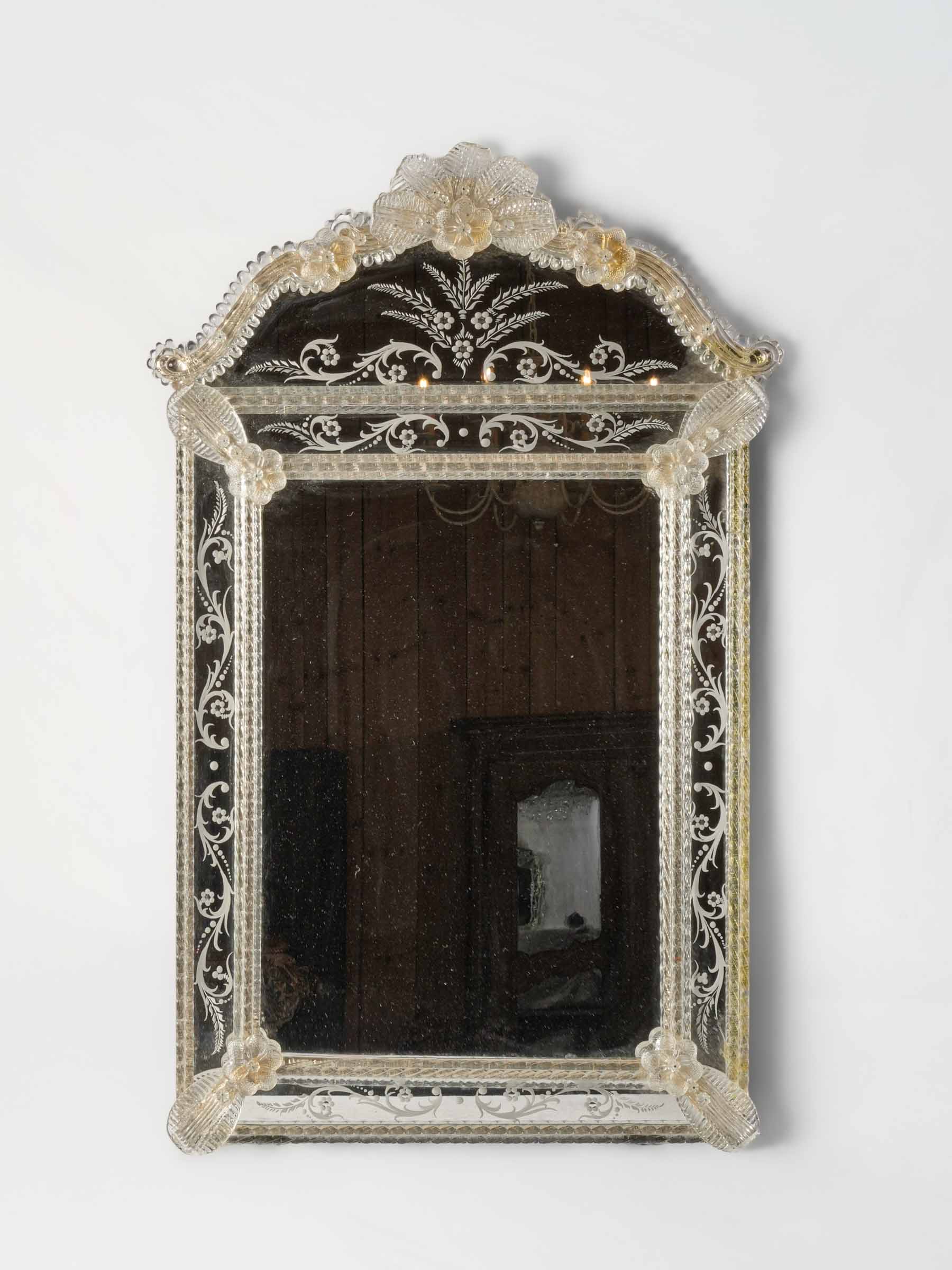 Refined Venetian Engraved Glass Mirror w/ Shaped Crest, 1950s - 32¼" x 20½"