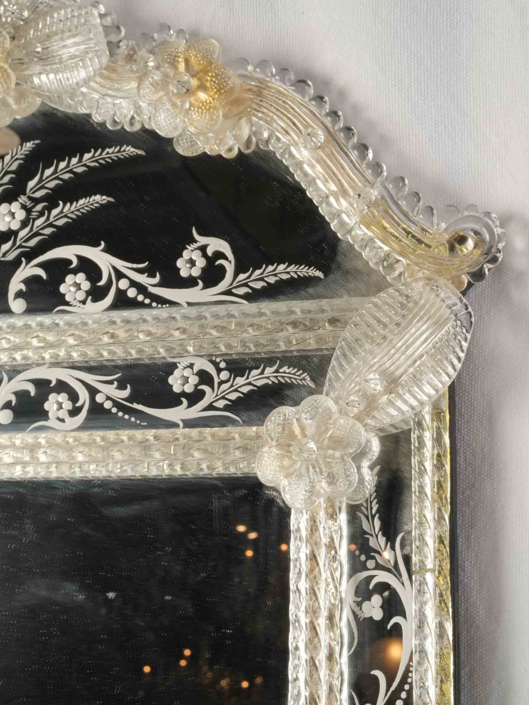 Refined Venetian Engraved Glass Mirror w/ Shaped Crest, 1950s - 32¼" x 20½"