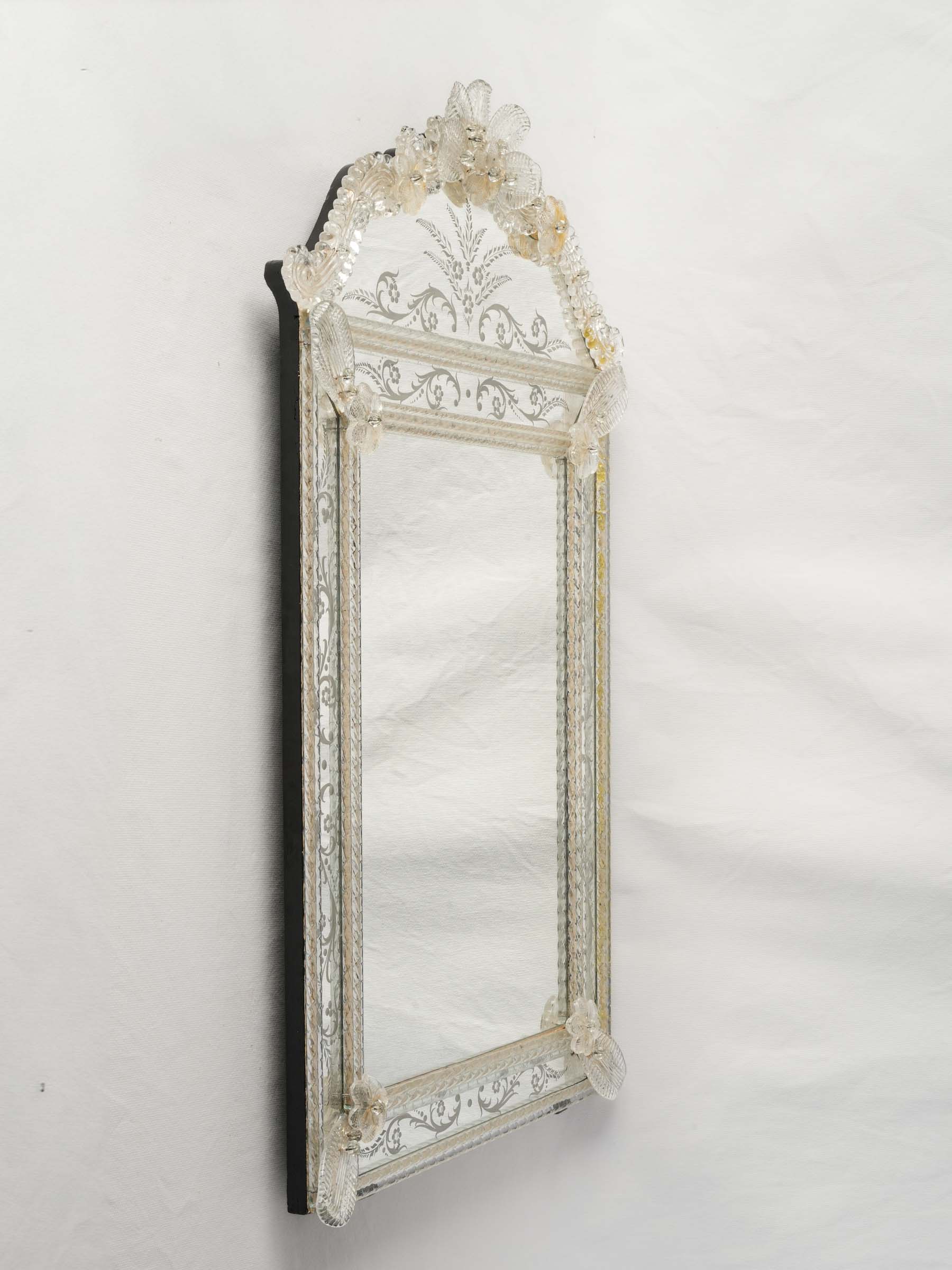 Refined Venetian Engraved Glass Mirror w/ Shaped Crest, 1950s - 32¼" x 20½"