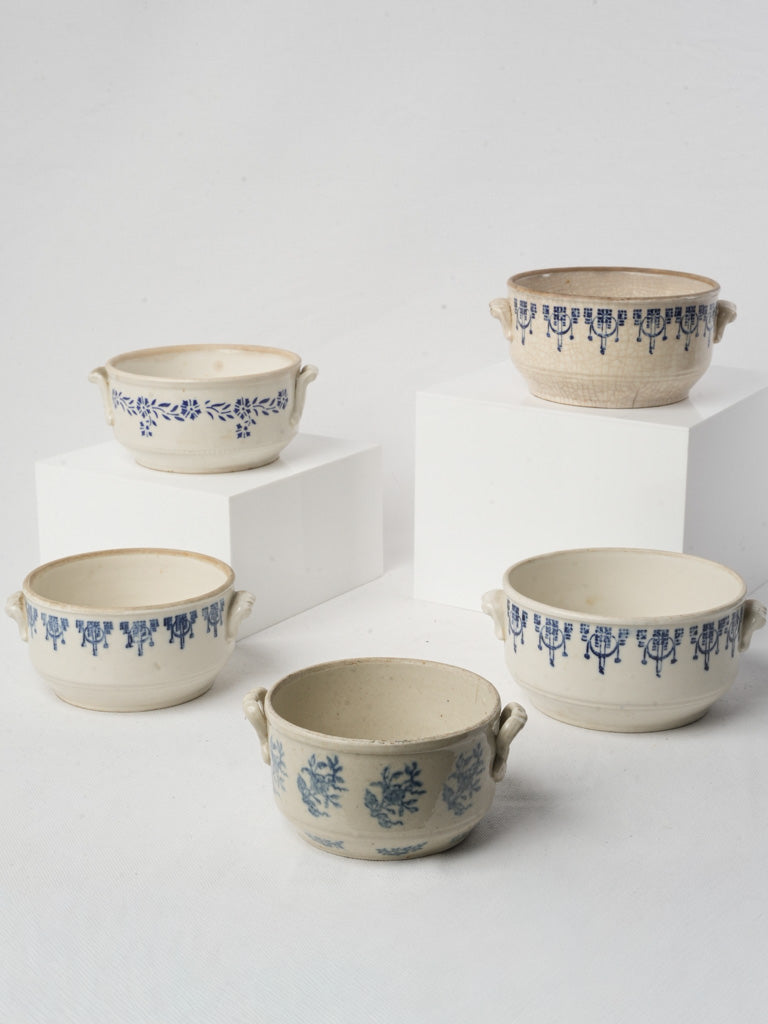 5 Small Antique Saint-Uze Ceramic Bowls w/ Blue & White Pattern