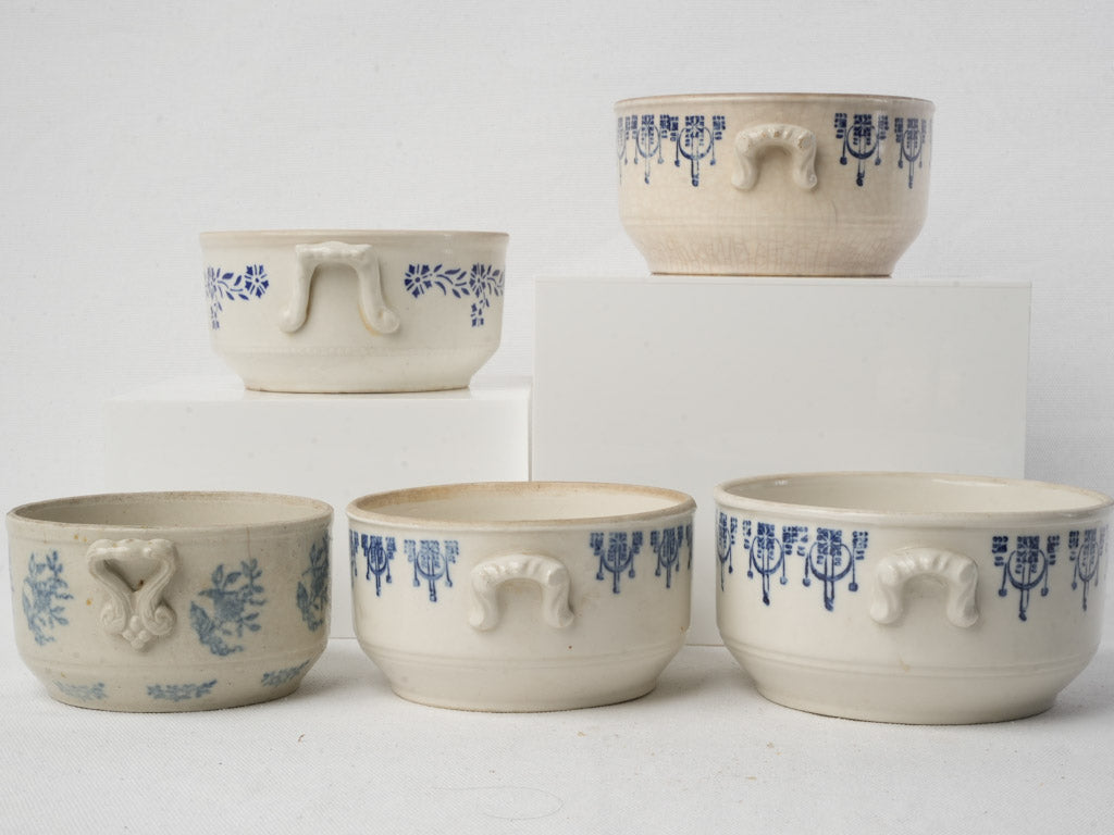 5 Small Antique Saint-Uze Ceramic Bowls w/ Blue & White Pattern
