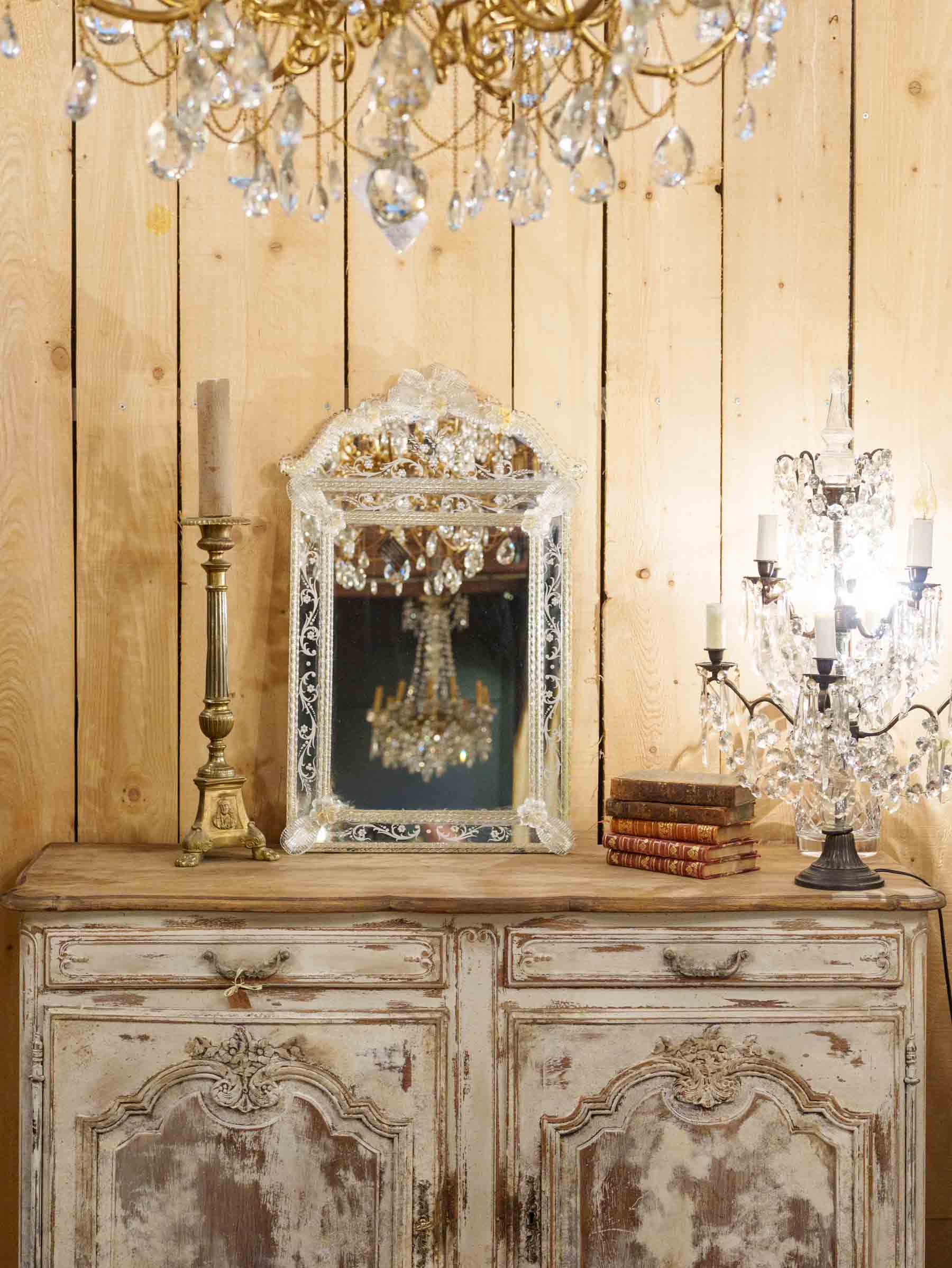 Refined Venetian Engraved Glass Mirror w/ Shaped Crest, 1950s - 32¼" x 20½"