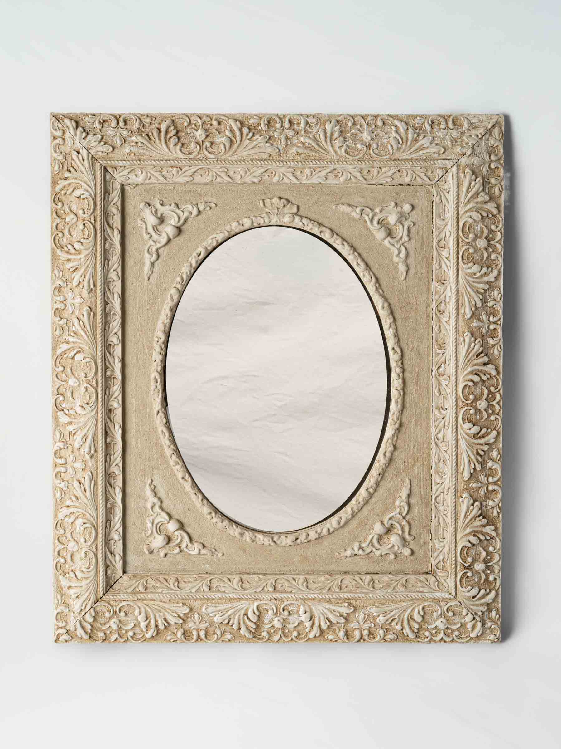 Antique French Carved Wood Wall Mirror with Oval Plate and Soft Ivory Patina - 26¾" x 22¾"