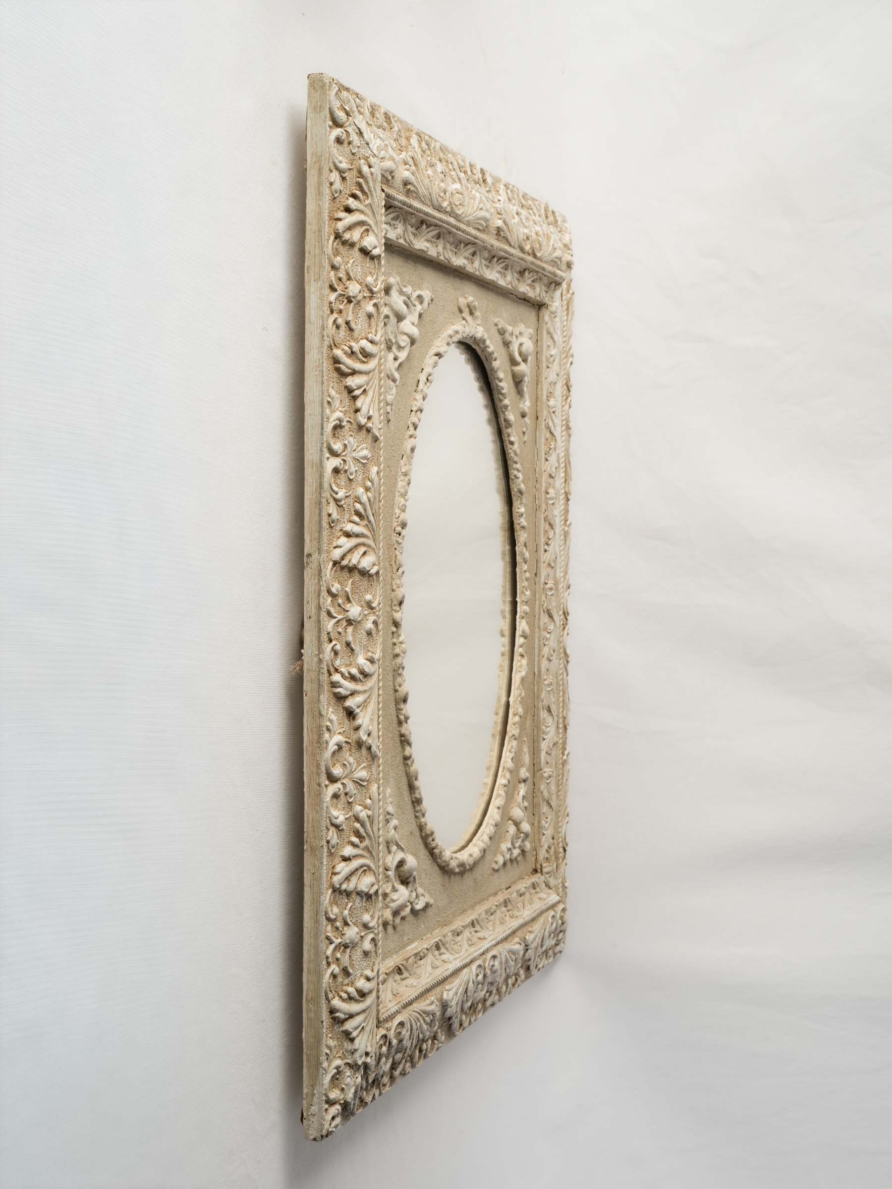 Antique French Carved Wood Wall Mirror with Oval Plate and Soft Ivory Patina - 26¾" x 22¾"