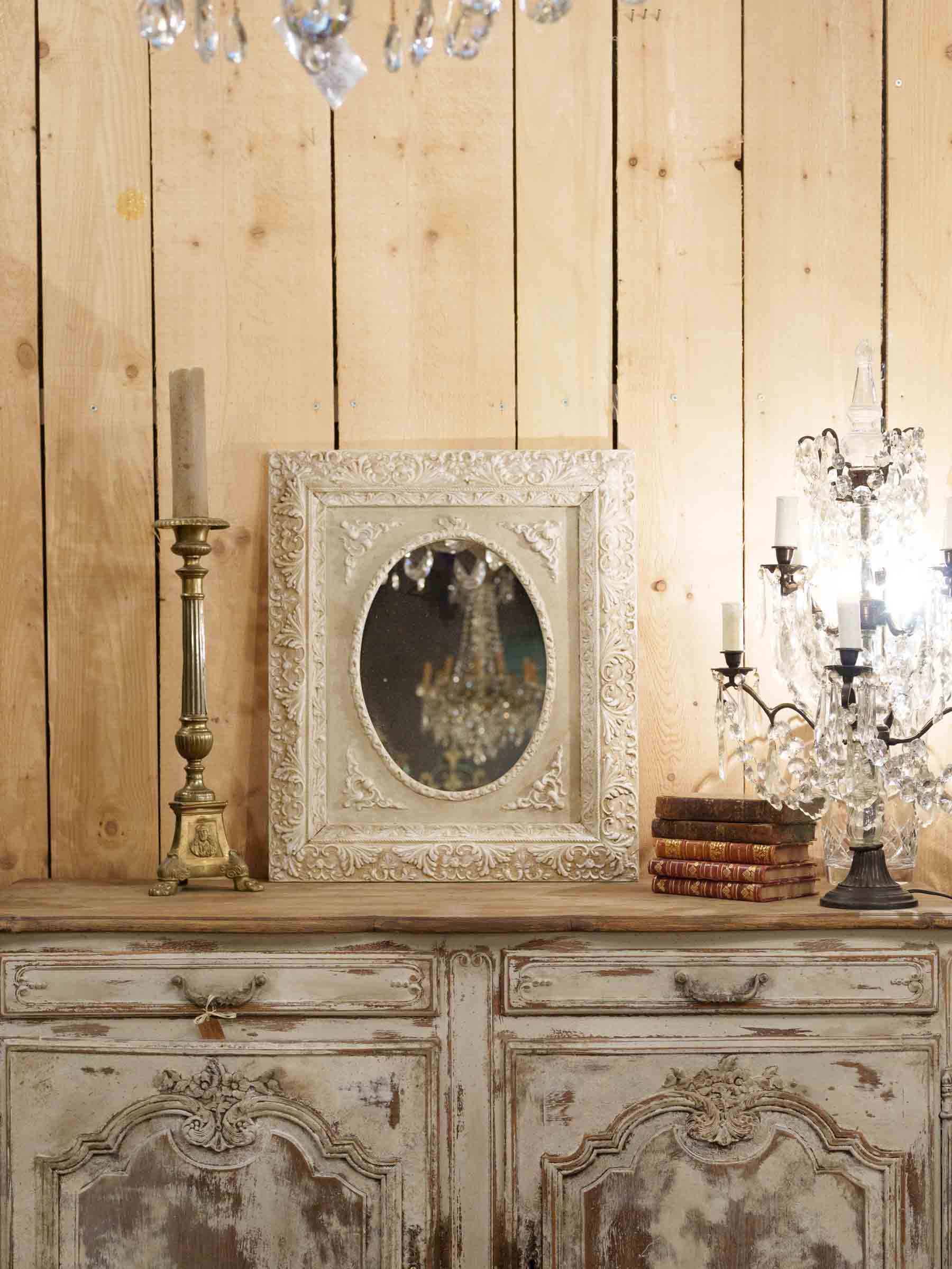 Antique French Carved Wood Wall Mirror with Oval Plate and Soft Ivory Patina - 26¾" x 22¾"