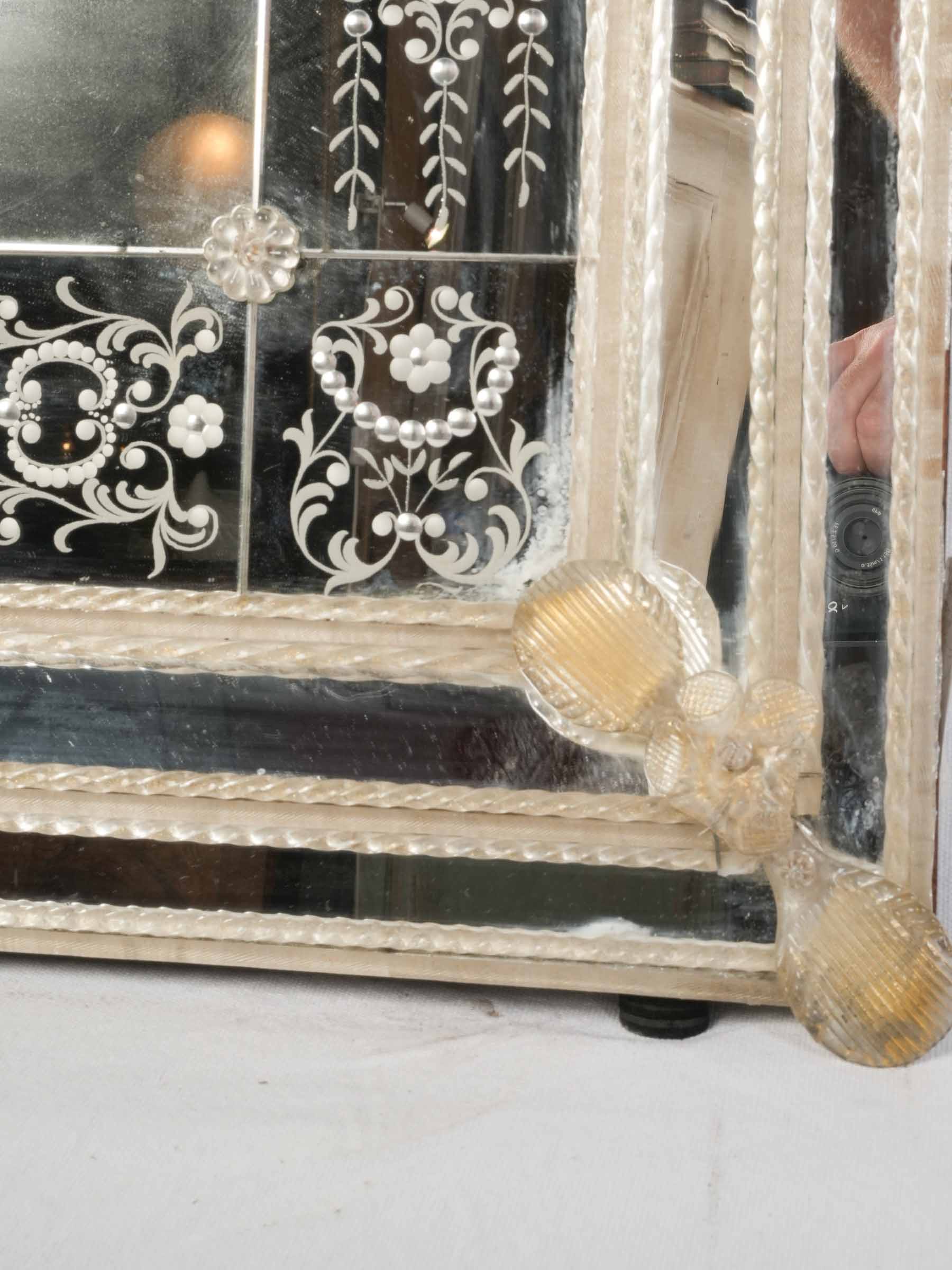 Ornate Venetian Mirror w/ Engraved Glass and Applied Glass Decoration, 1950s - 40½" x 32¼"
