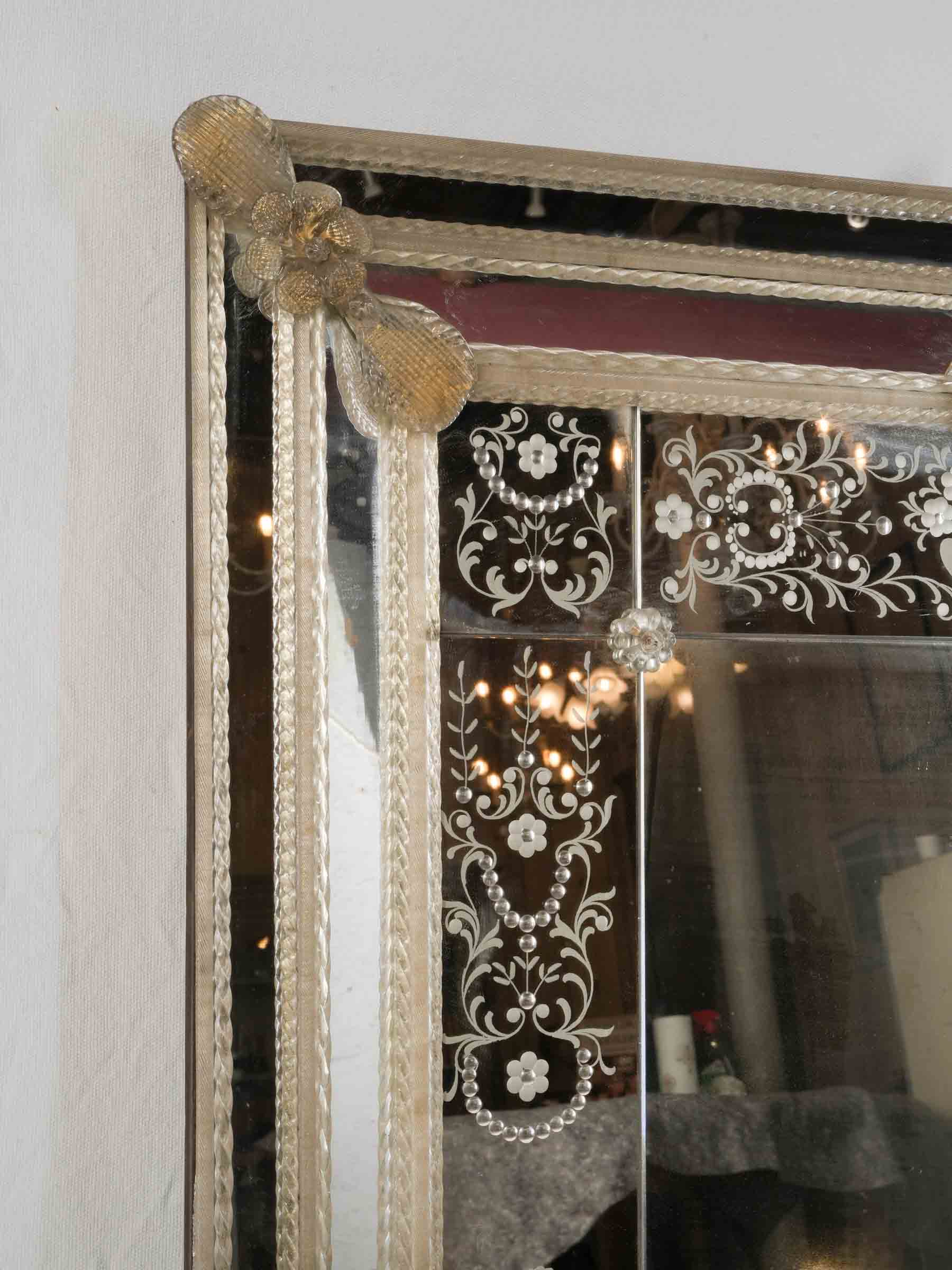 Ornate Venetian Mirror w/ Engraved Glass and Applied Glass Decoration, 1950s - 40½" x 32¼"