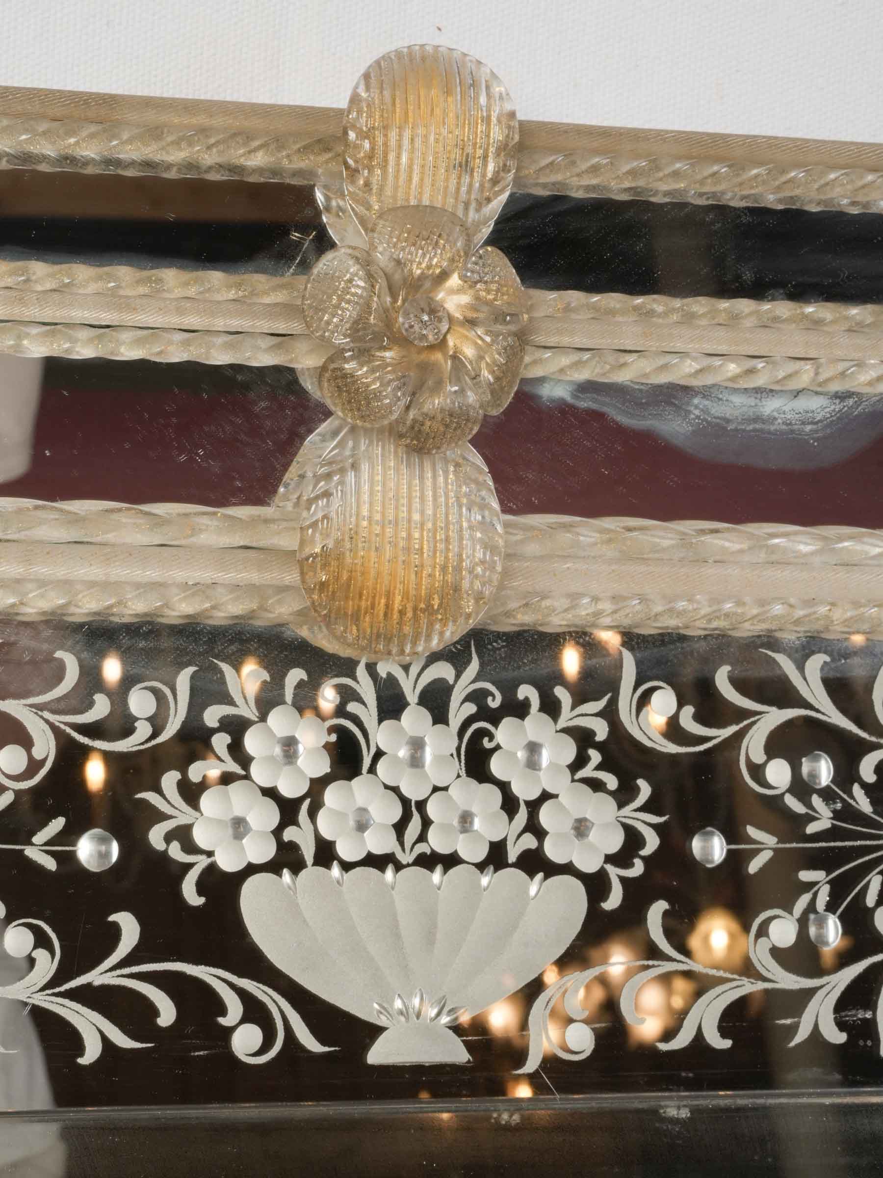 Ornate Venetian Mirror w/ Engraved Glass and Applied Glass Decoration, 1950s - 40½" x 32¼"