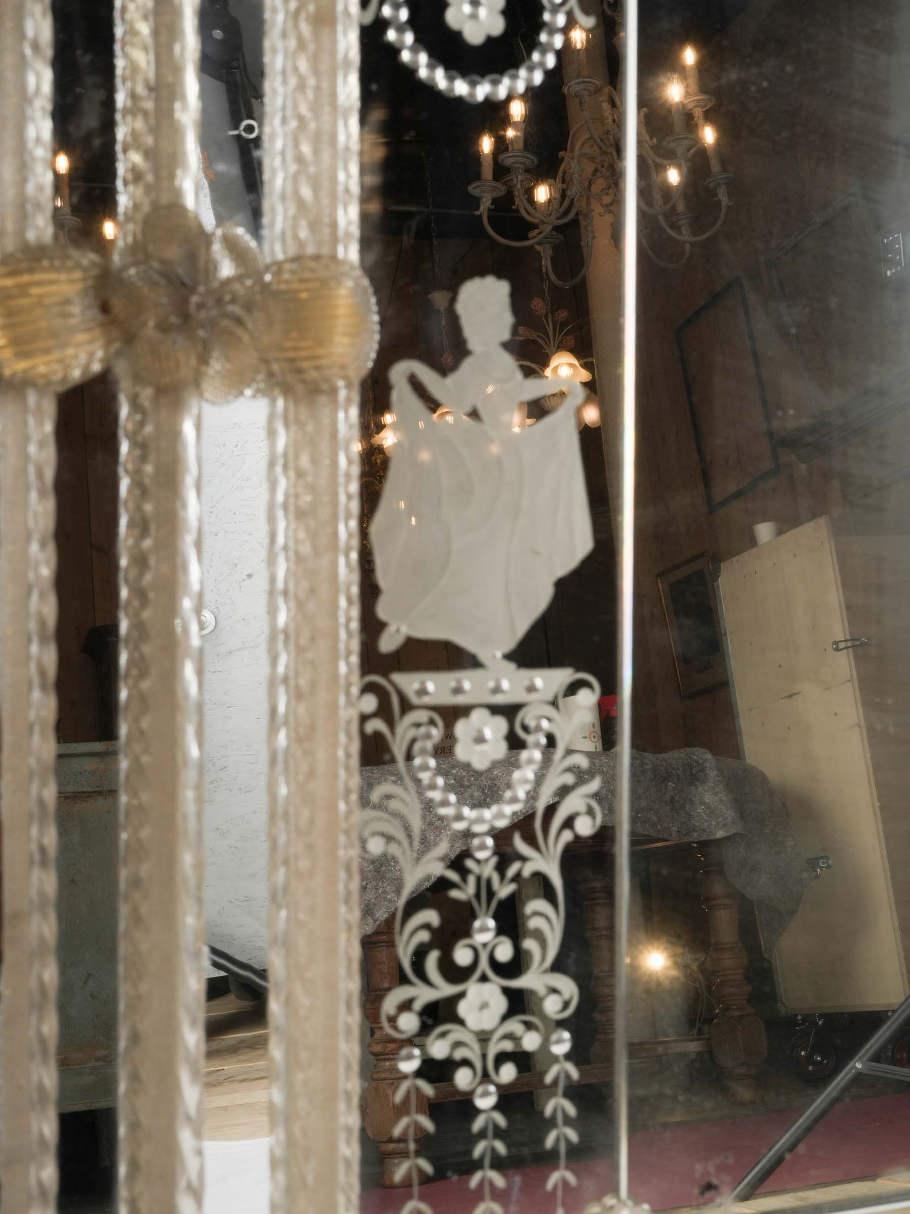 Ornate Venetian Mirror w/ Engraved Glass and Applied Glass Decoration, 1950s - 40½" x 32¼"