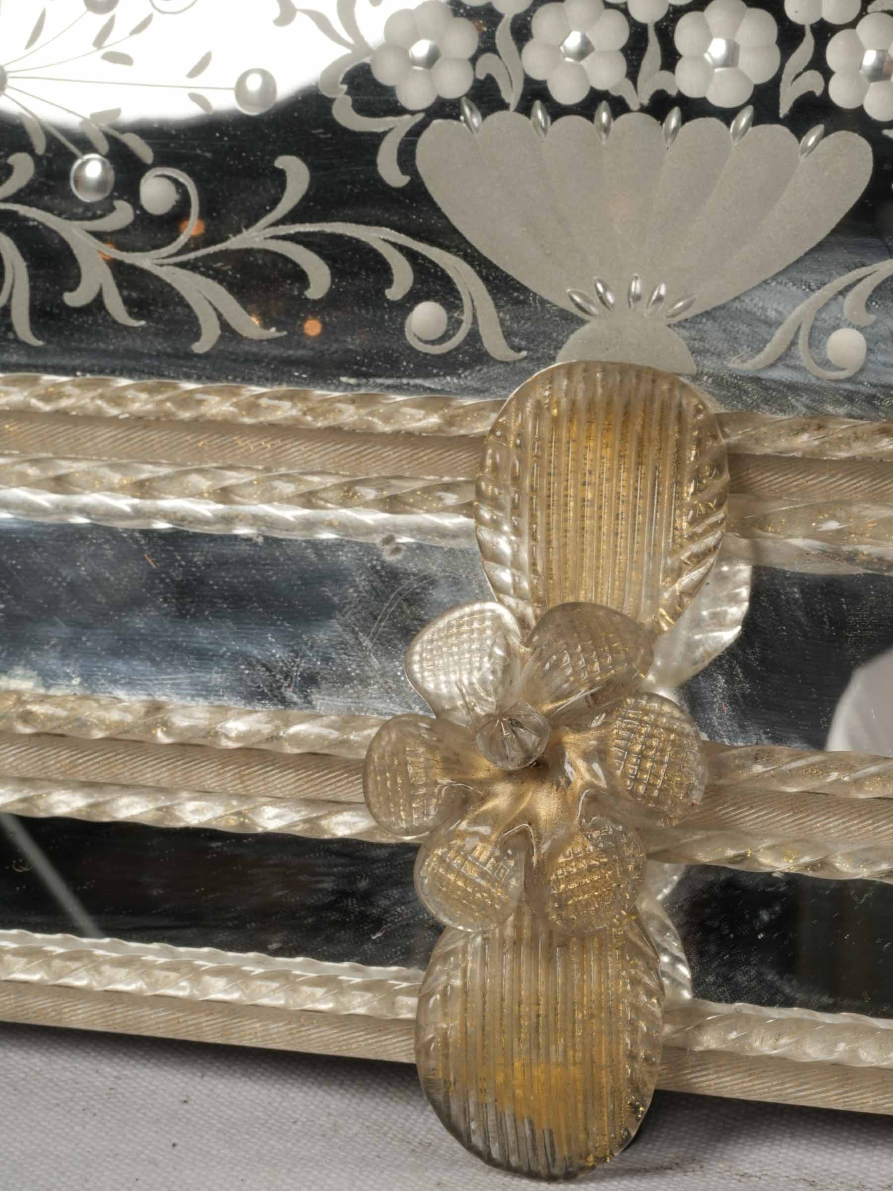 Ornate Venetian Mirror w/ Engraved Glass and Applied Glass Decoration, 1950s - 40½" x 32¼"
