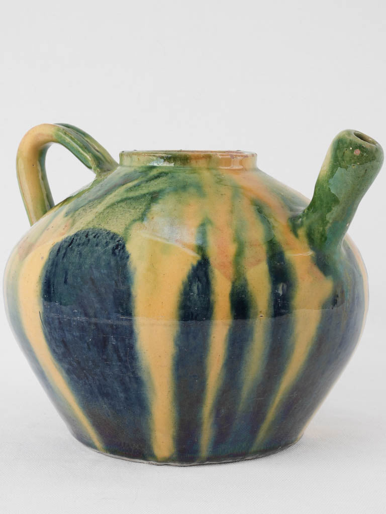 Antique French pitcher w/ 1 handle - blue green yellow 8¼"