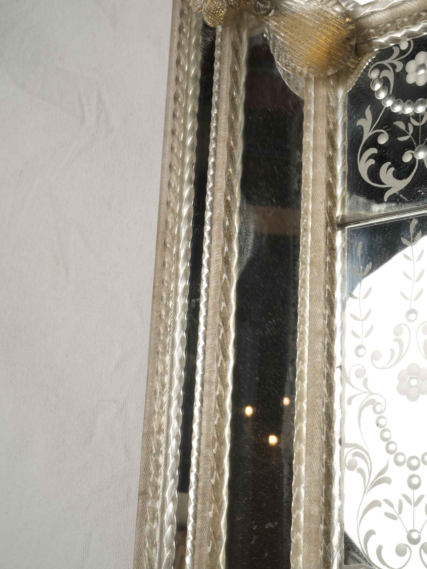 Ornate Venetian Mirror w/ Engraved Glass and Applied Glass Decoration, 1950s - 40½" x 32¼"