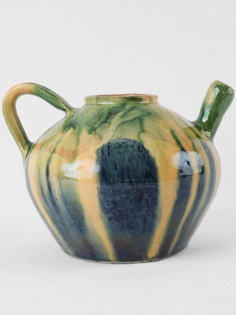 Antique French pitcher w/ 1 handle - blue green yellow 8¼"