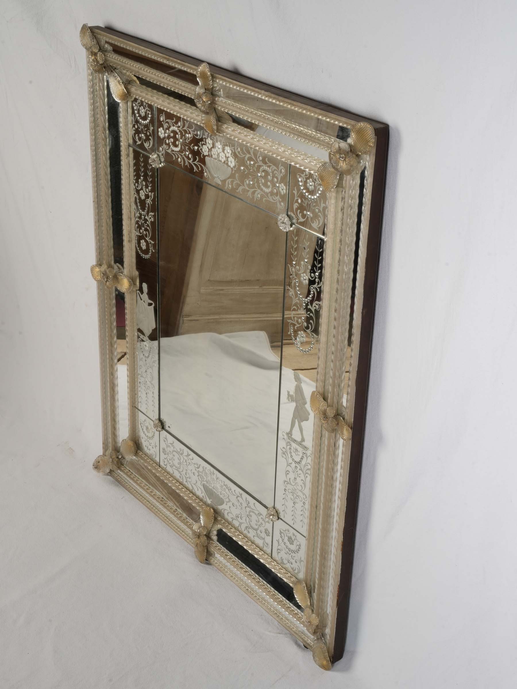 Ornate Venetian Mirror w/ Engraved Glass and Applied Glass Decoration, 1950s - 40½" x 32¼"