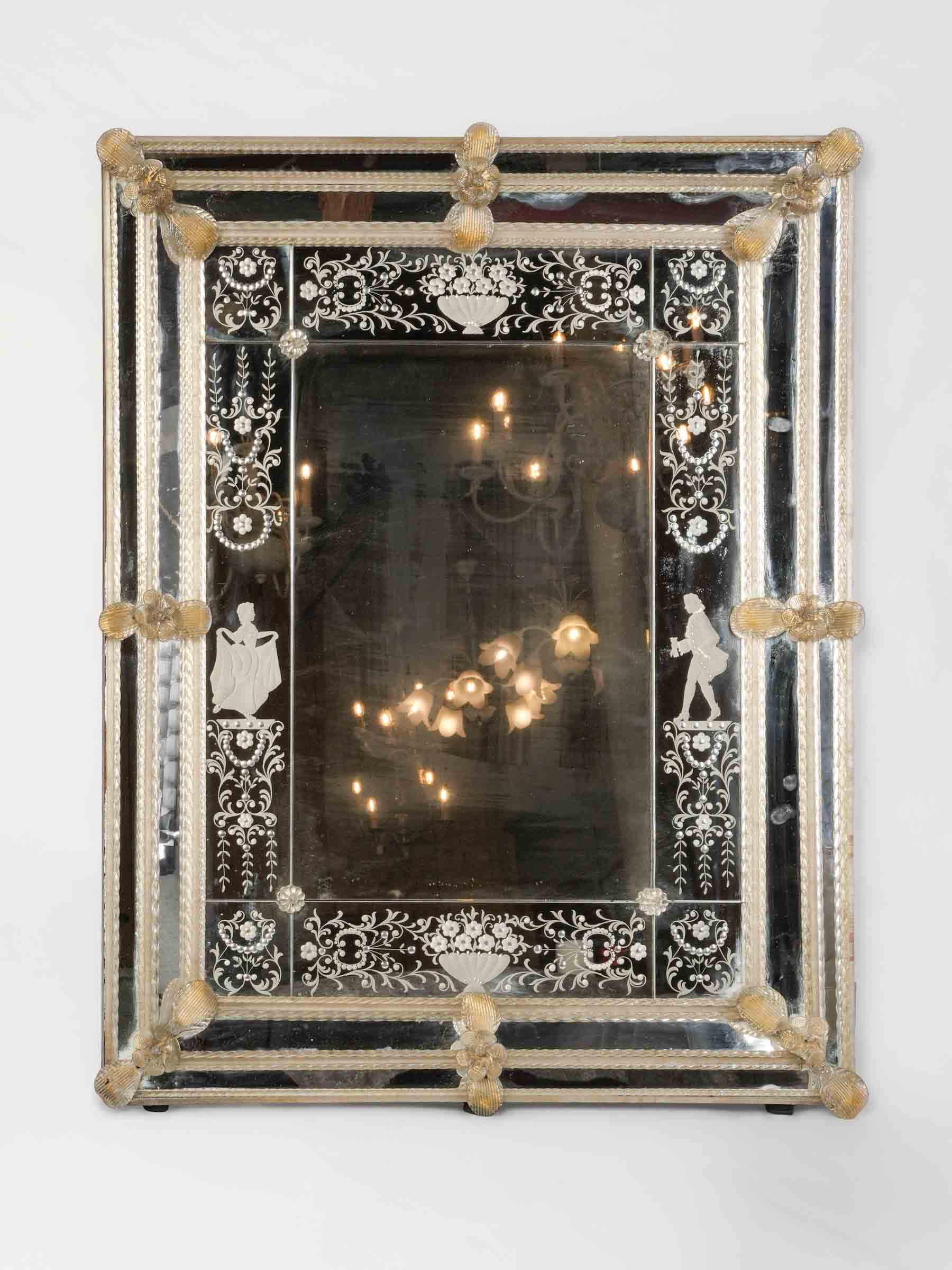 Ornate Venetian Mirror w/ Engraved Glass and Applied Glass Decoration, 1950s - 40½" x 32¼"