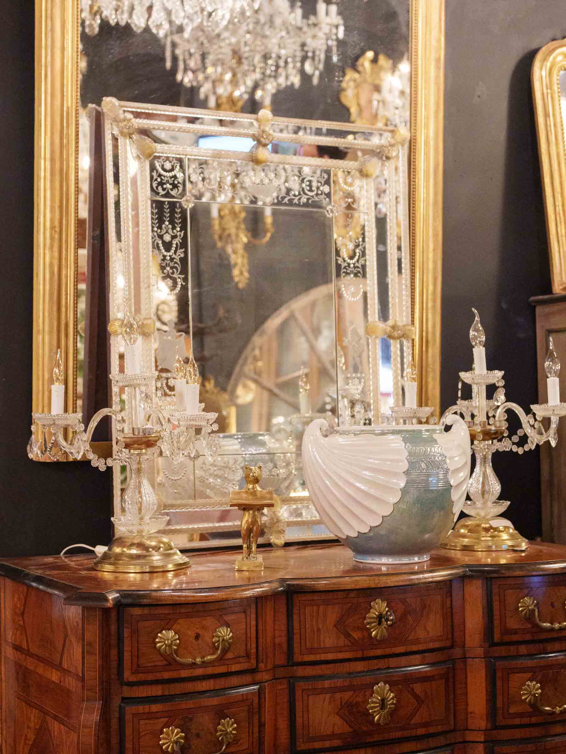 Ornate Venetian Mirror w/ Engraved Glass and Applied Glass Decoration, 1950s - 40½" x 32¼"